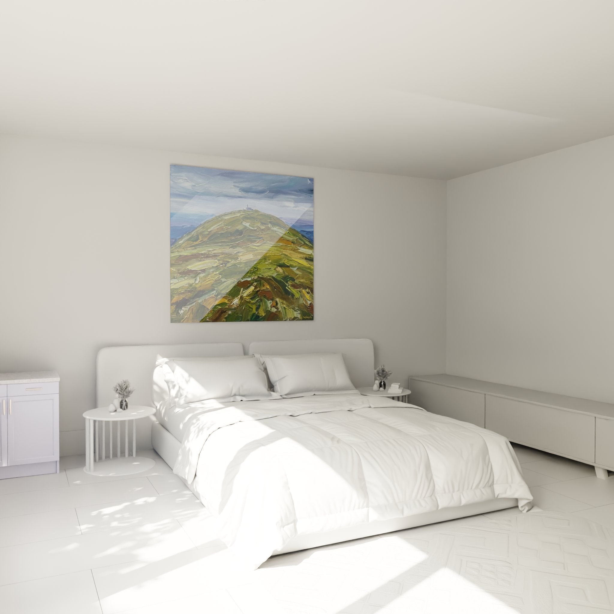 Mountain landscape wall art for bedroom with soothing green tones, Alsatian nature-inspired wall decor