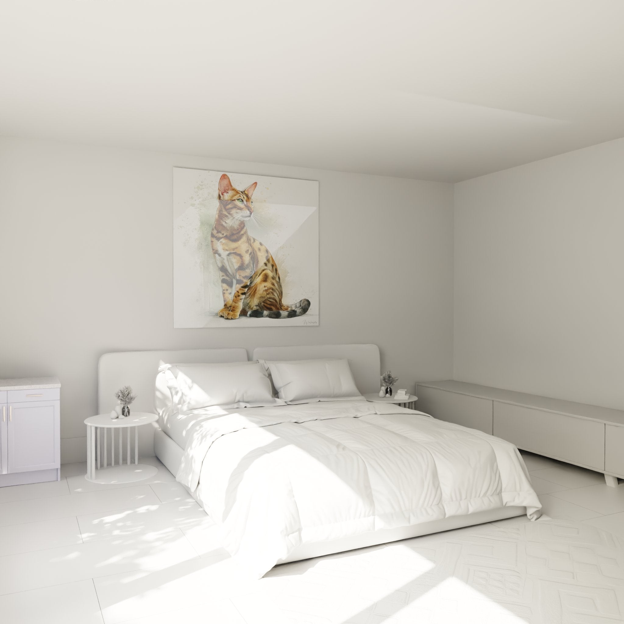 Tableau chat Serengeti aquarelle dans chambre moderne decoration murale art felin taches dorees