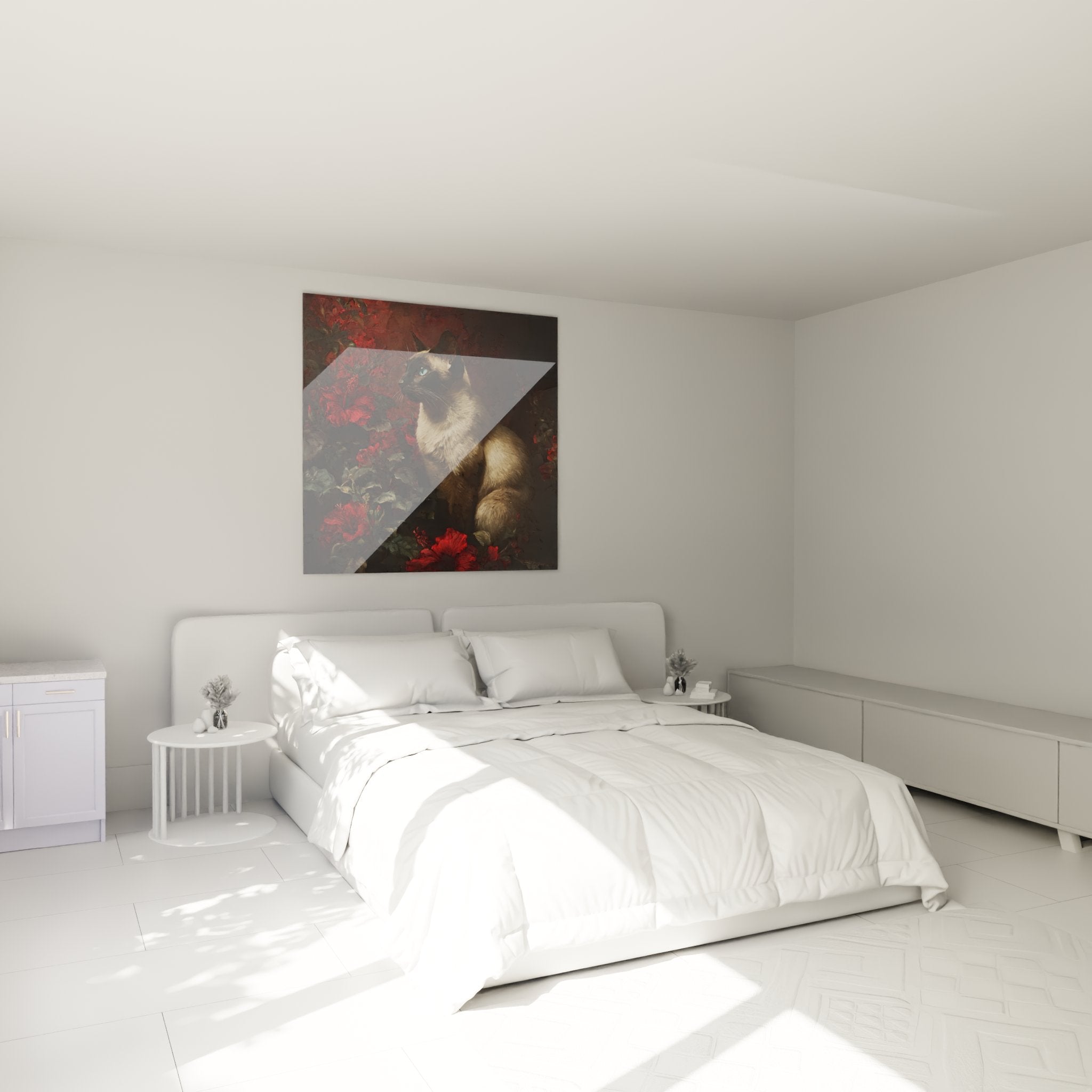 Balinese cat painting with red hibiscus hanging in modern bedroom wall decoration feline art