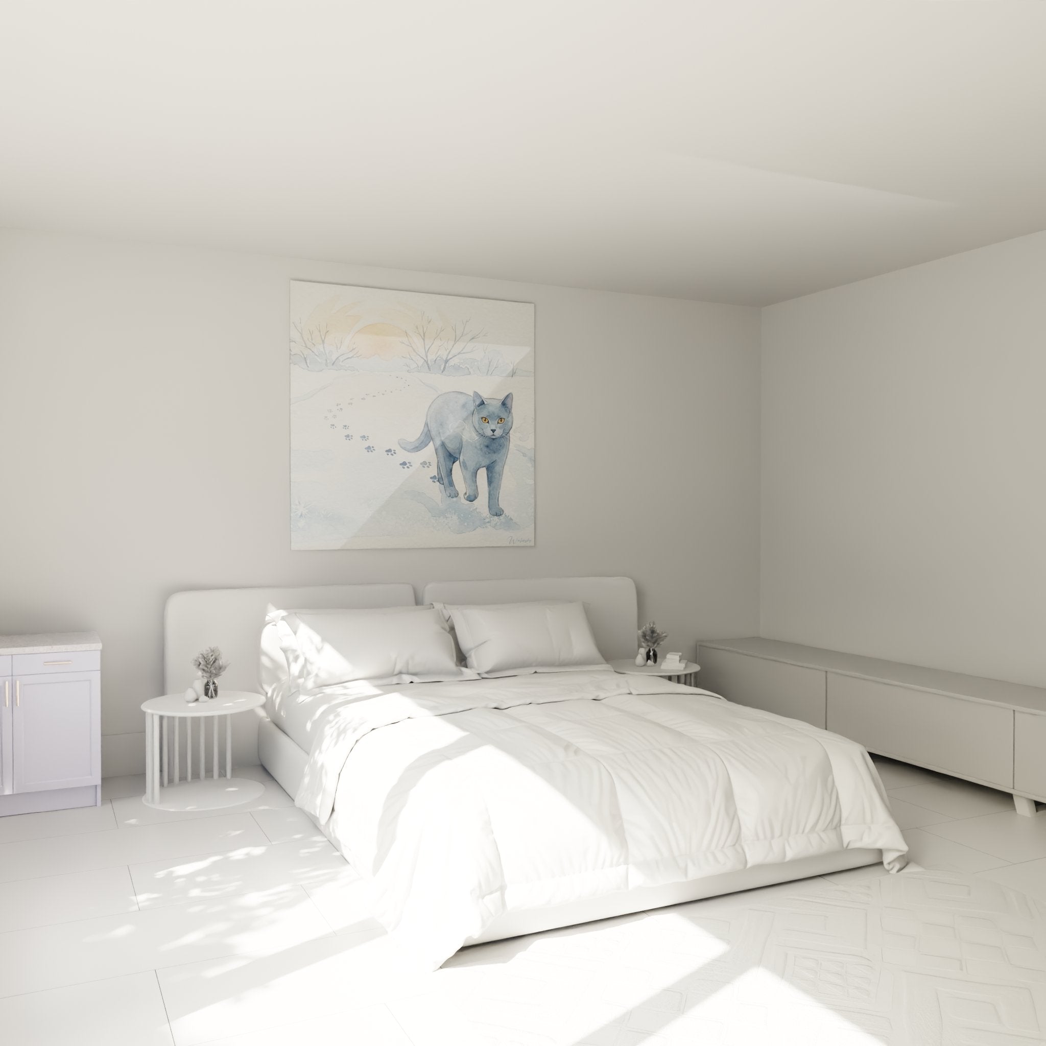 Décoration chambre tableau chat Chartreux hiver neige ambiance cosy mur blanc lit confortable