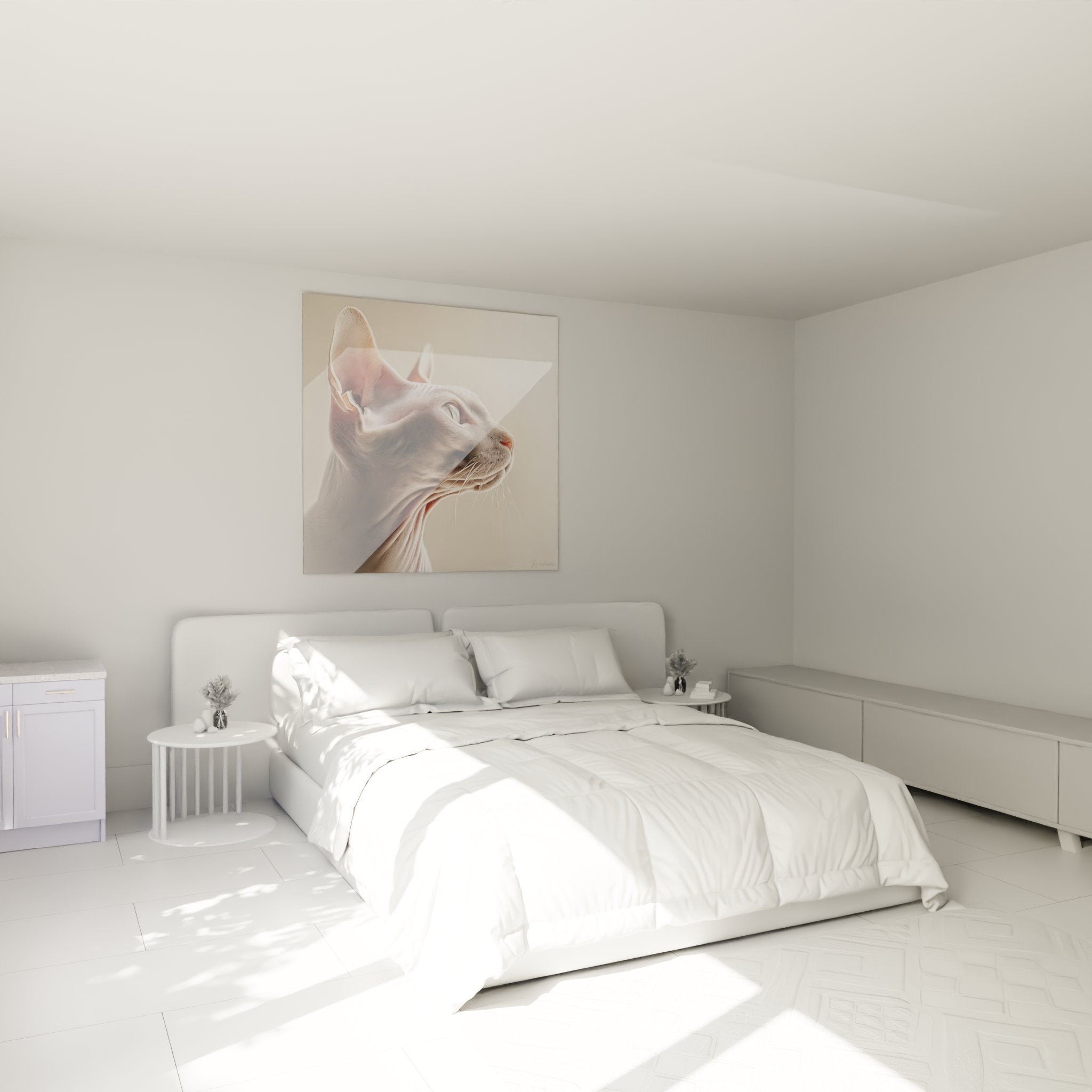 Elegant Sphynx cat artwork displayed in a modern bedroom with minimalist décor and neutral tones