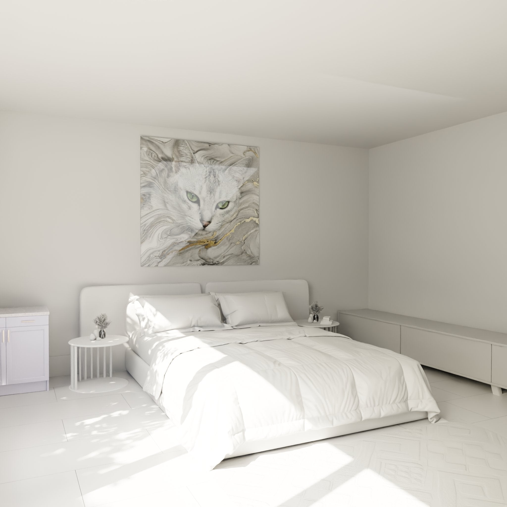 Wanddekoration Katze mit grünen Augen im modernen Schlafzimmer, elegante und beruhigende Atmosphäre