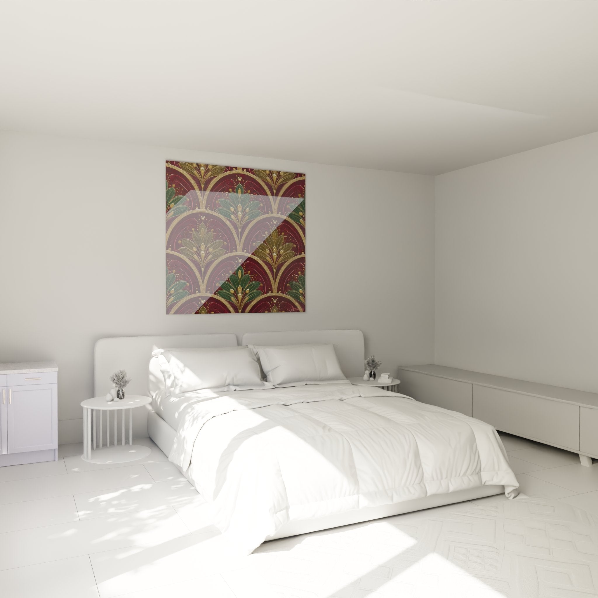 Tableau art deco eventails floraux bordeaux or dans chambre moderne decoration murale vintage