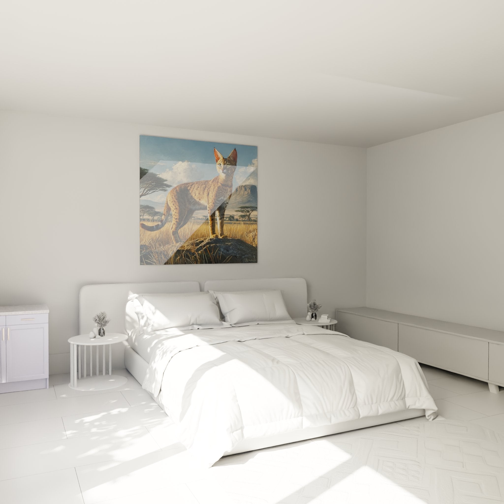 Decorazione murale camera da letto con quadro gatto Serengeti savana africana nei toni caldi e naturali