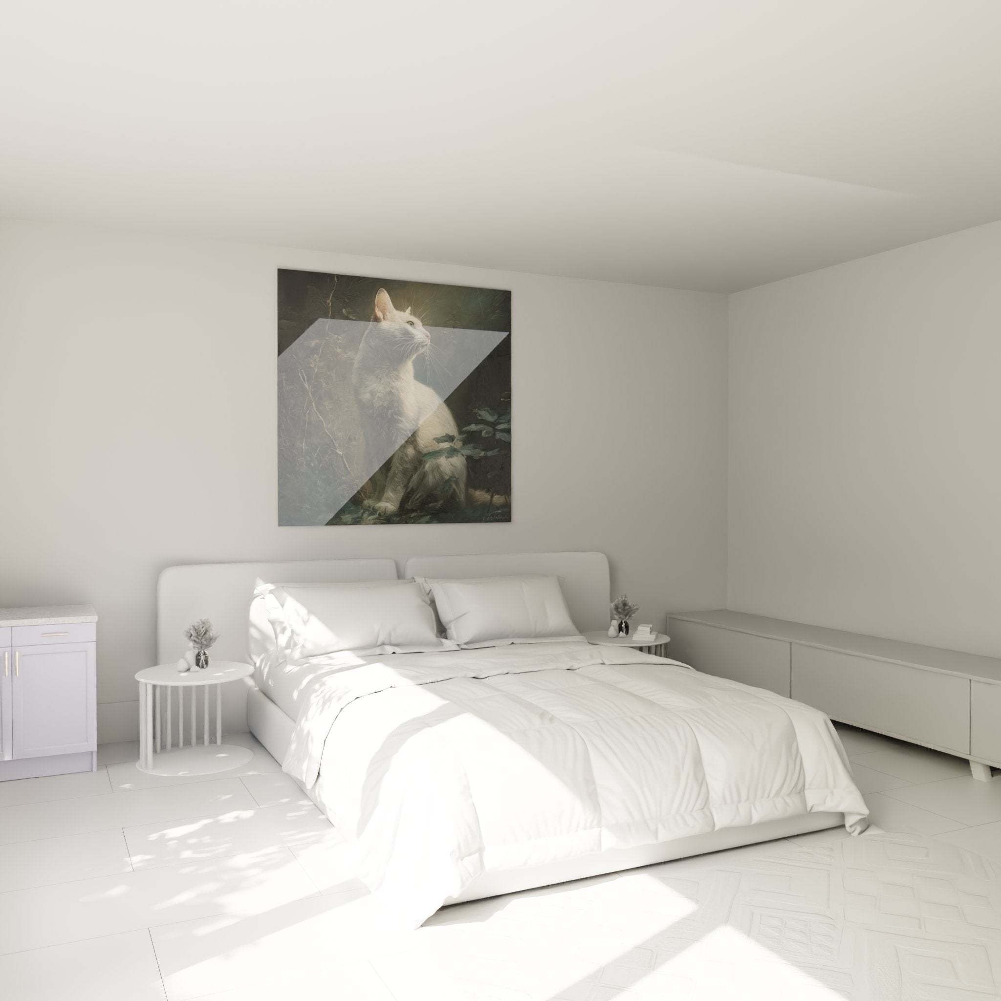 Decorazione camera da letto con quadro gatto Burmilla contemplativo, atmosfera serena e rilassante per interno accogliente