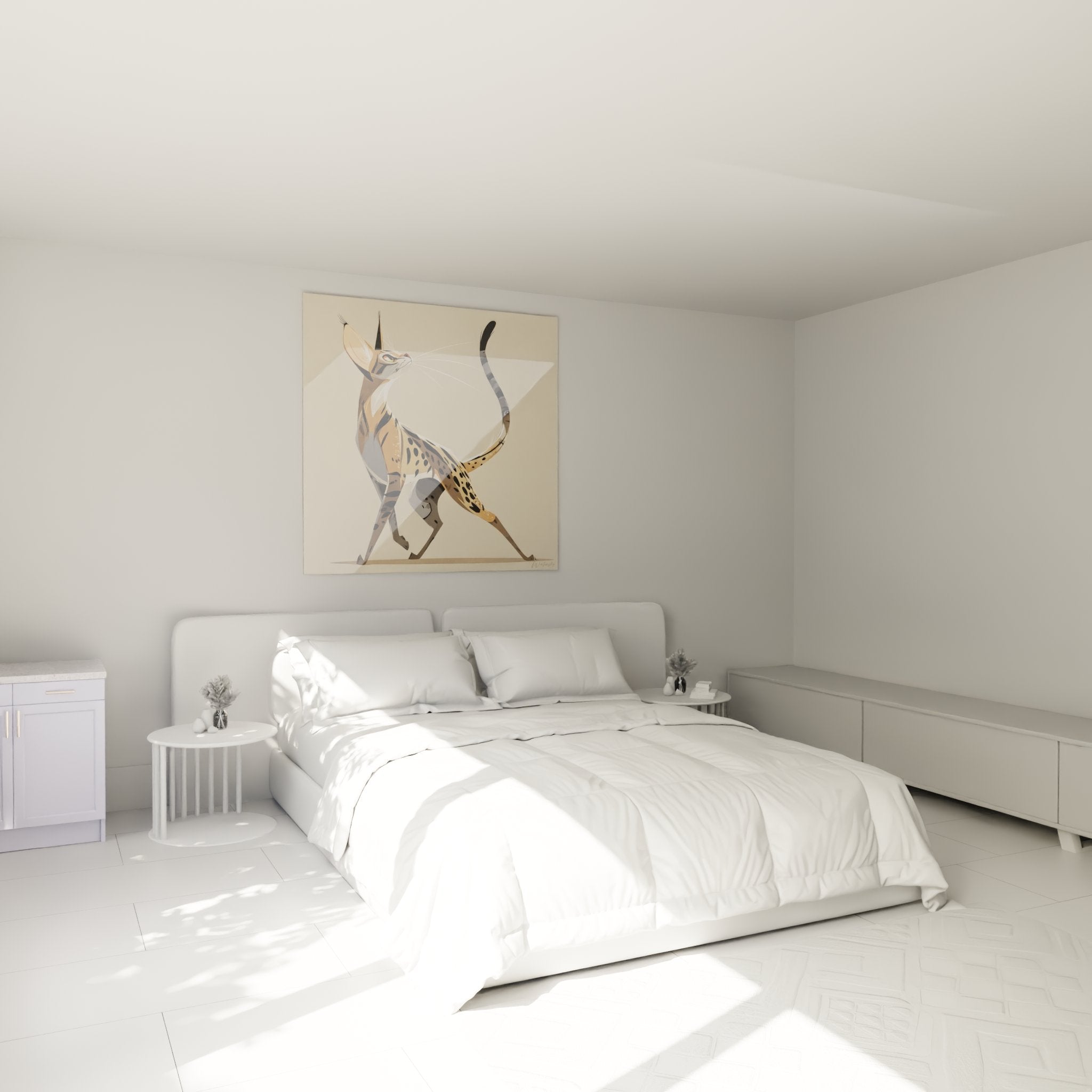 Décoration murale chat Savannah artistique dans une chambre moderne aux tons neutres et chaleureux