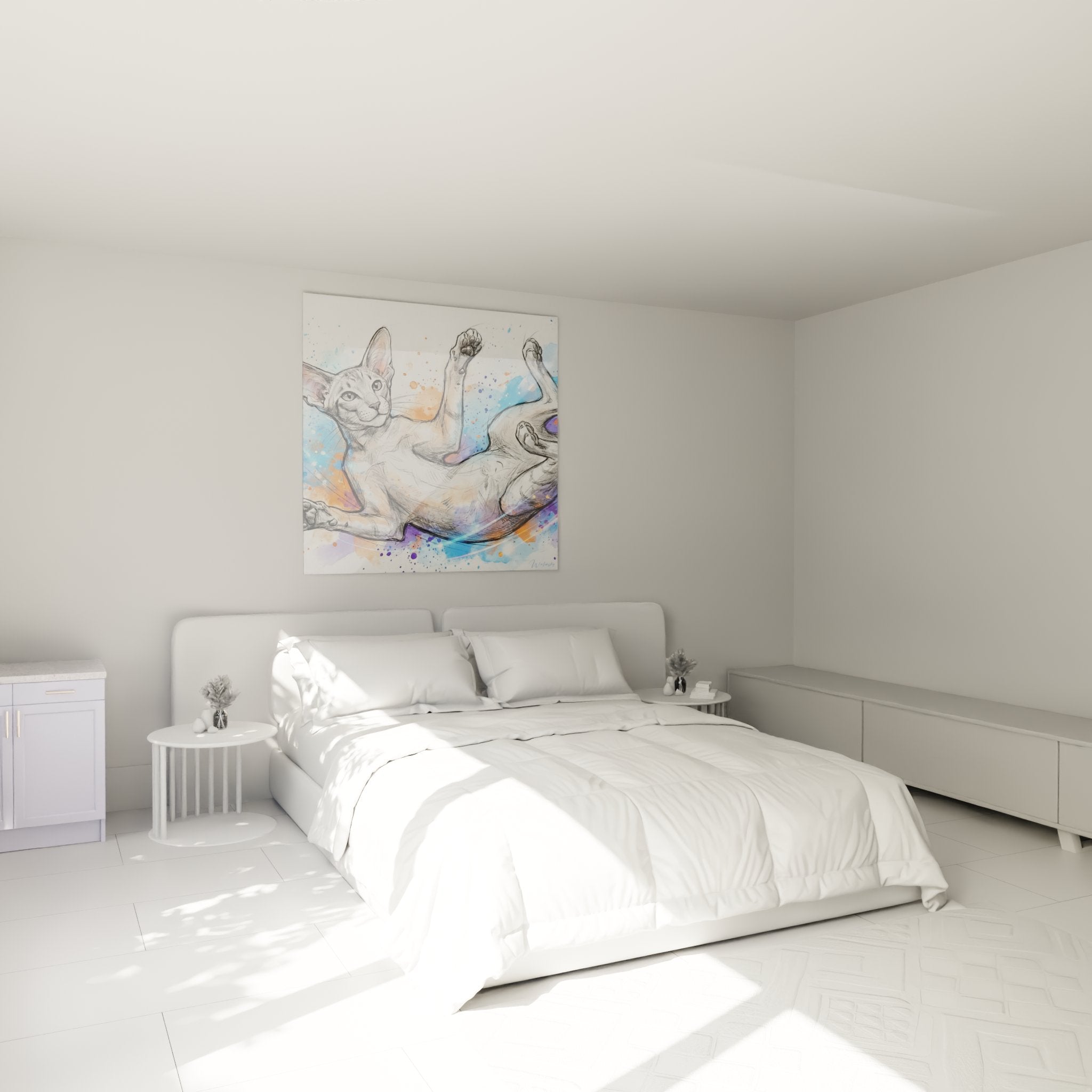 Wanddekoration Schlafzimmer mit Gemälde Oriental Shorthair Katze Aquarell in Blau- und Orangetönen