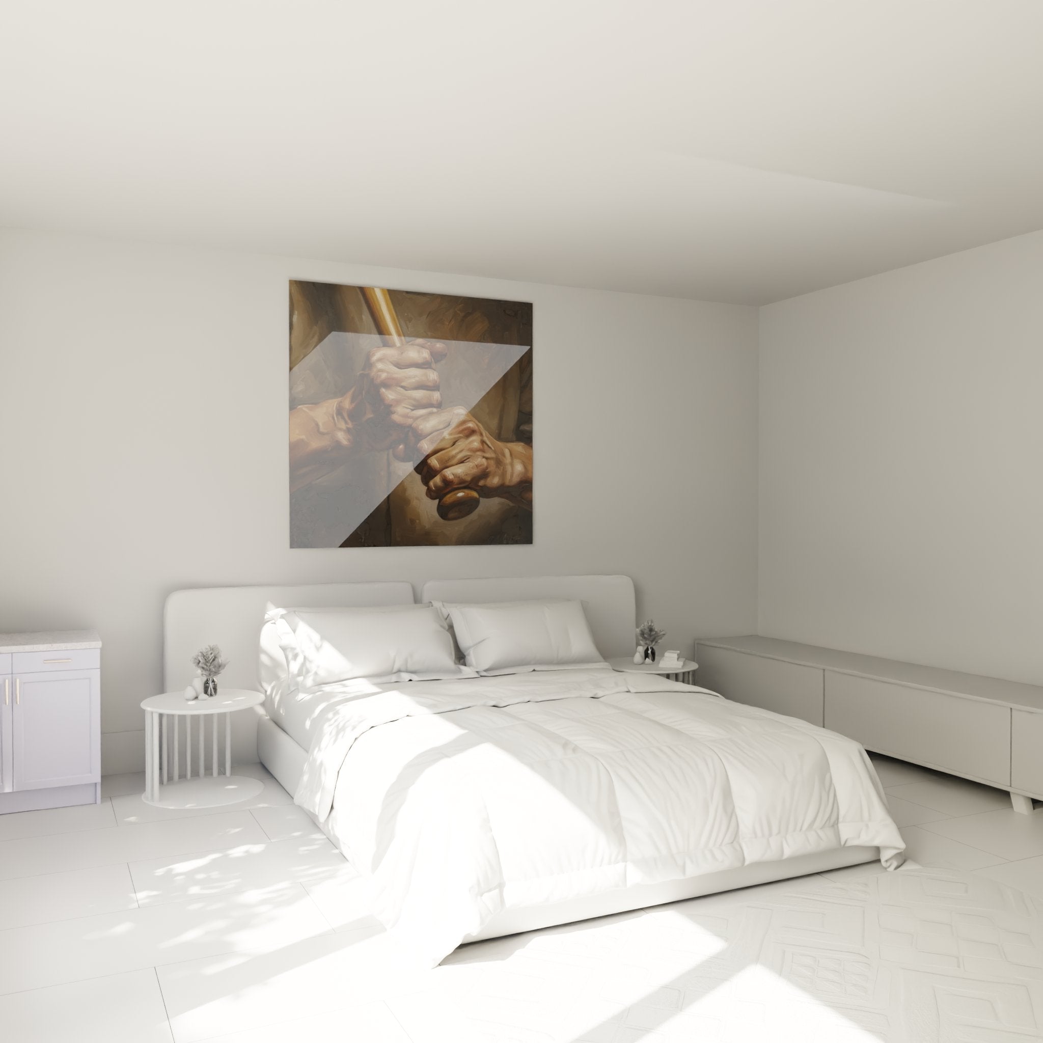 Decoration murale baseball avec mains de joueur dans une chambre moderne