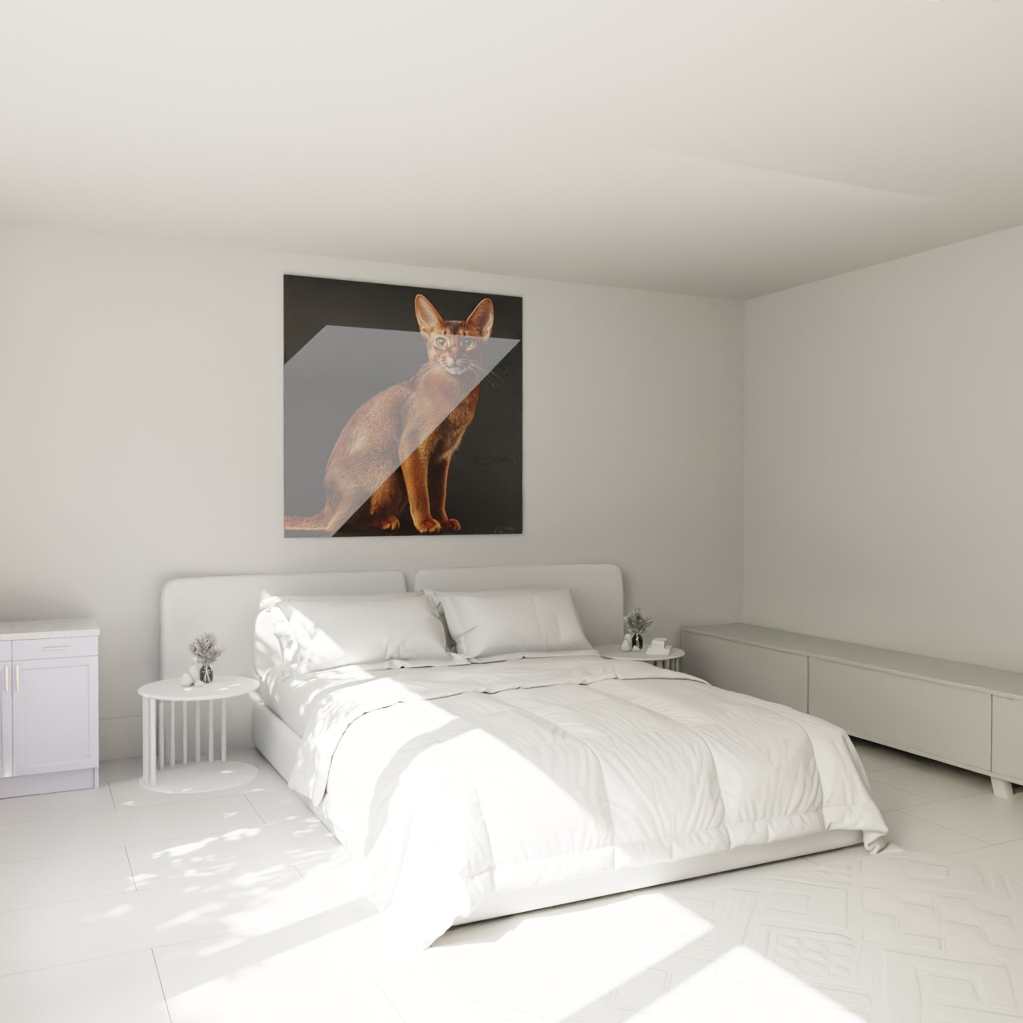 Tableau chat Abyssin installé dans chambre moderne, décoration murale féline pour intérieur contemporain
