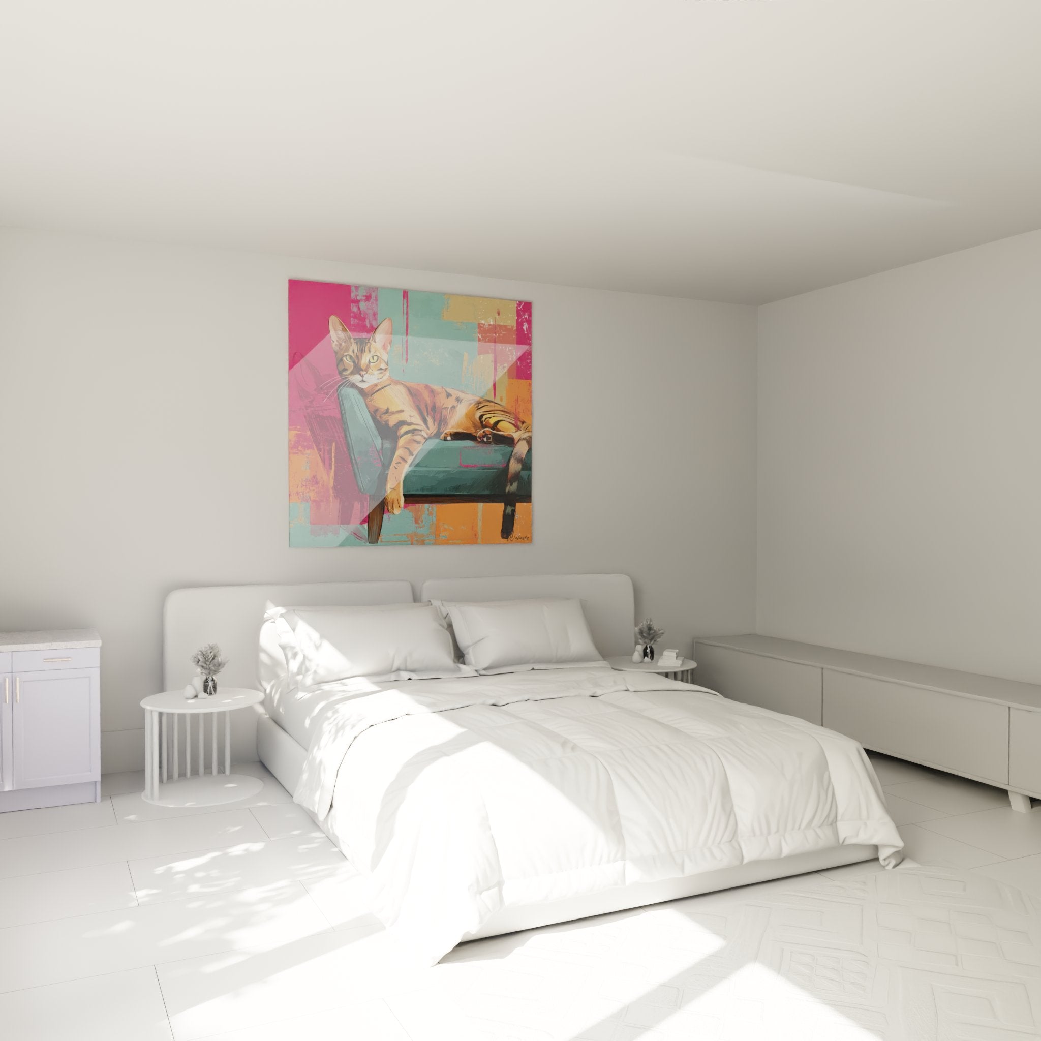 Décoration chambre tableau chat Toyger sur fauteuil vintage style pop art couleurs vives mur moderne