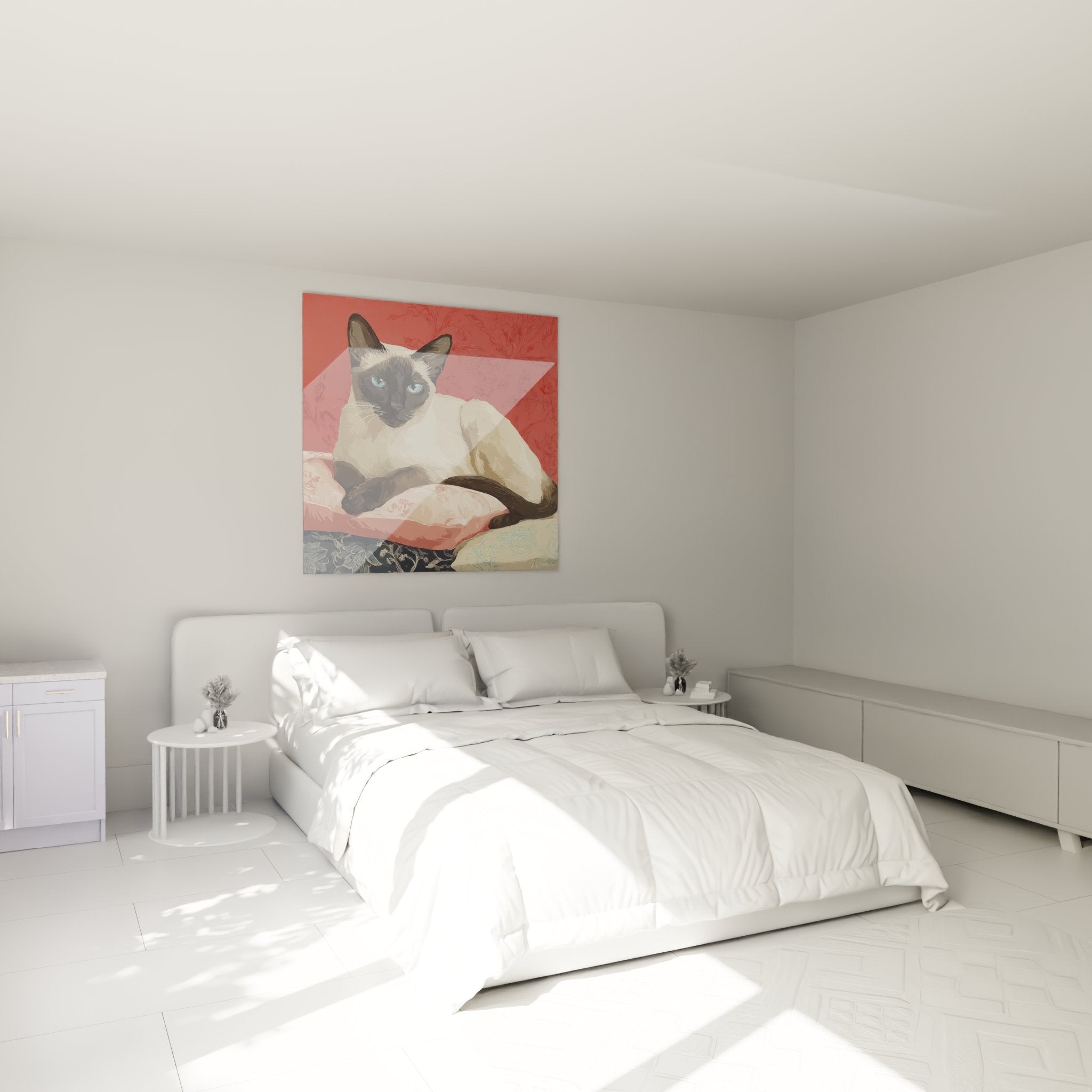 Siamese cat wall decoration in modern bedroom with cosy and elegant atmosphere