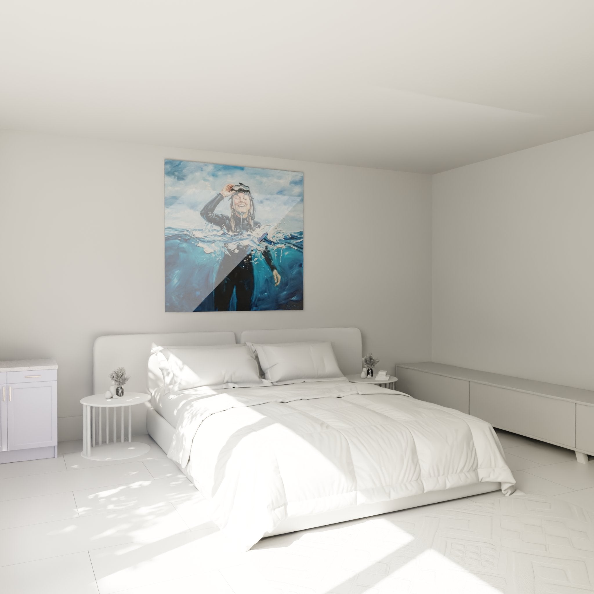Diver surfacing water wall art decorating modern bedroom serene ocean atmosphere navy blue