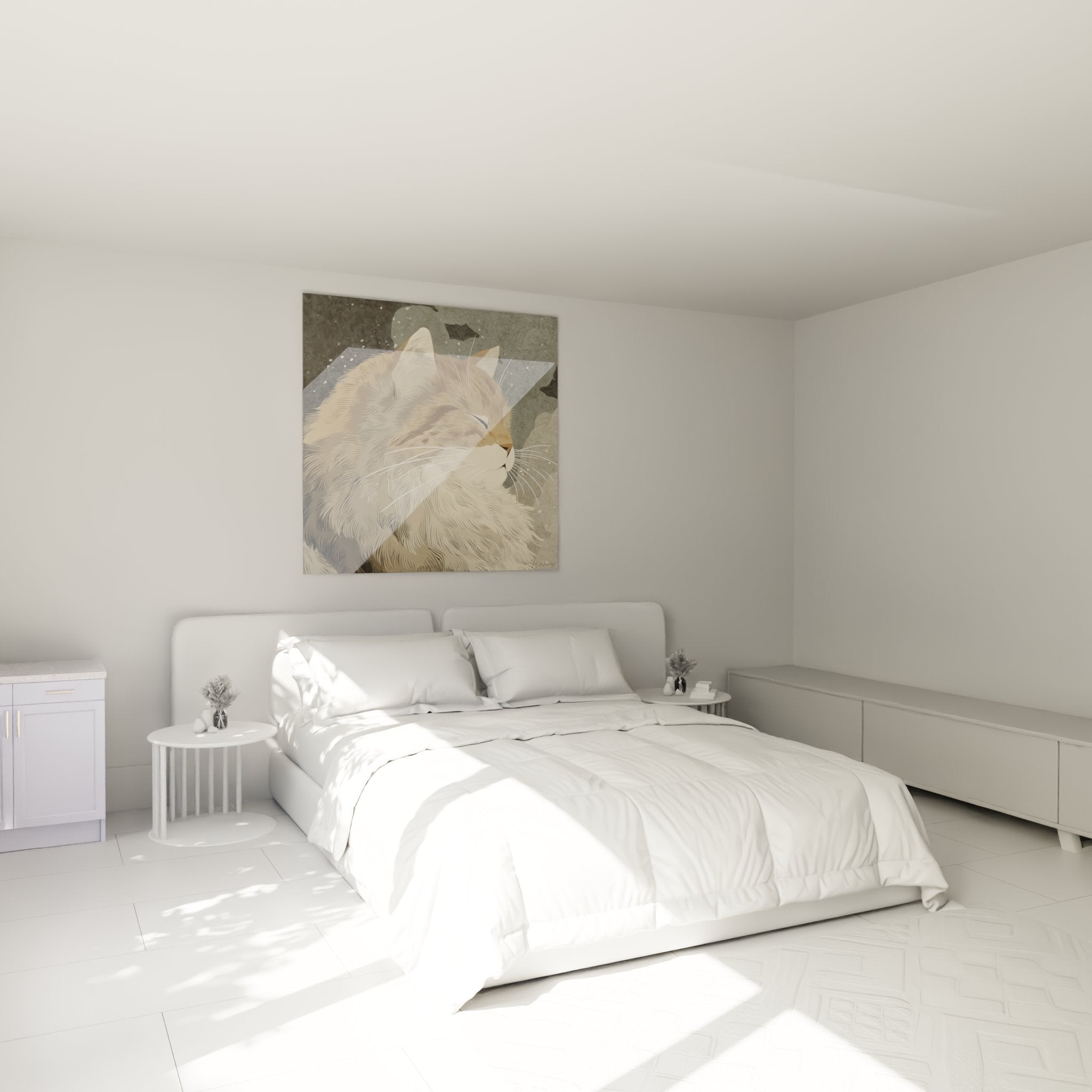 Tableau chat sibérien contemplatif installé dans une chambre moderne, apportant sérénité et douceur à la décoration murale
