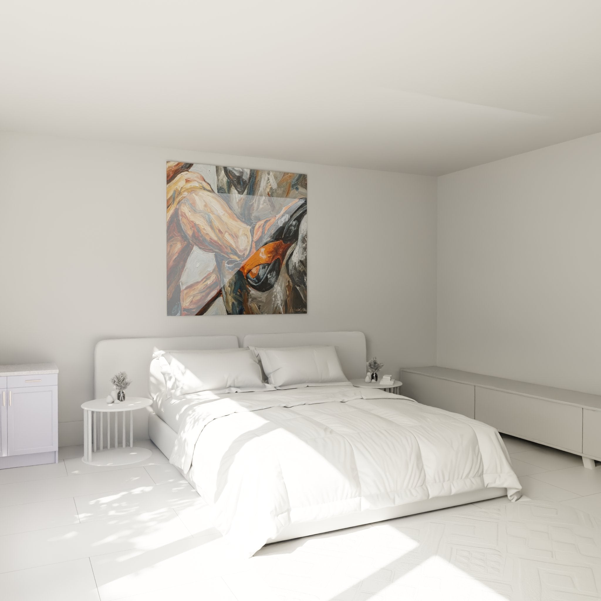 Bedroom decoration with abstract movement painting, modern and energetic atmosphere