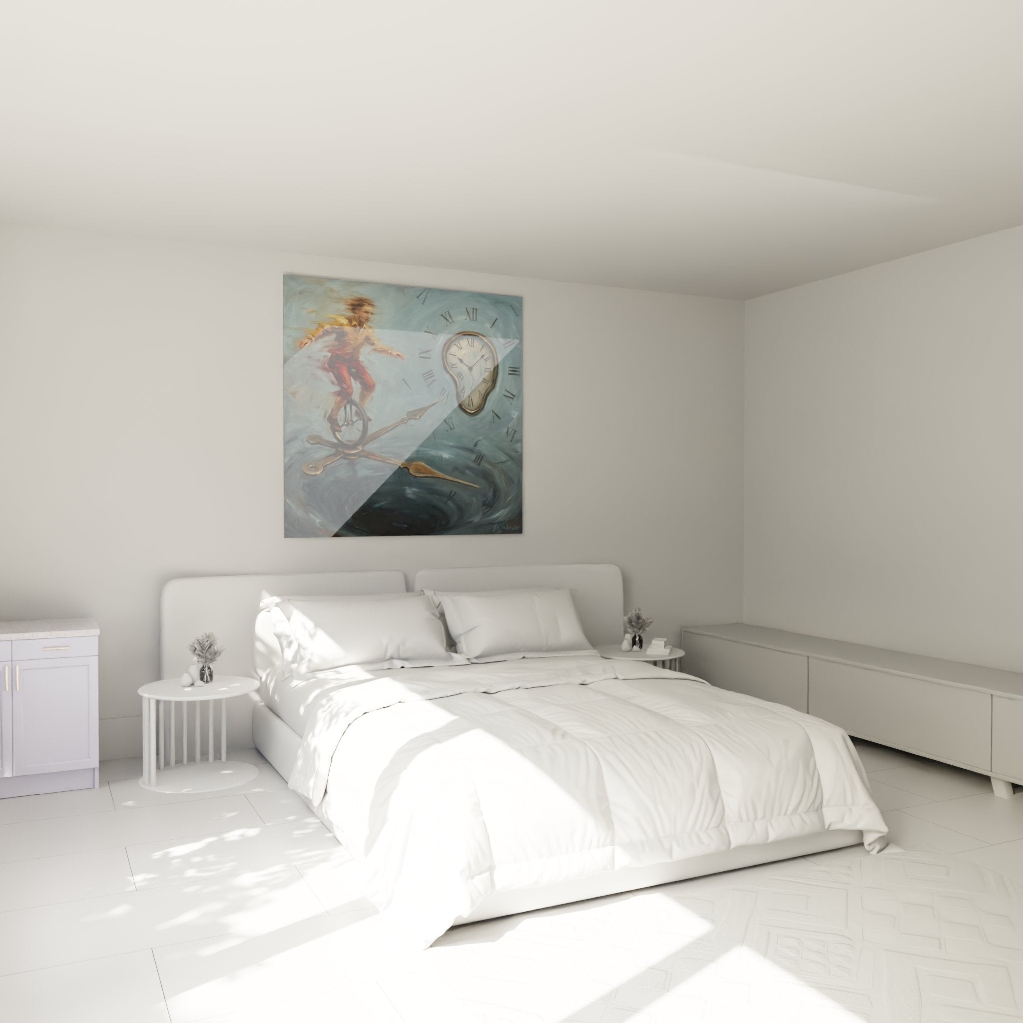 Circus wall decoration with temporal unicyclist artwork hanging in modern and elegant bedroom