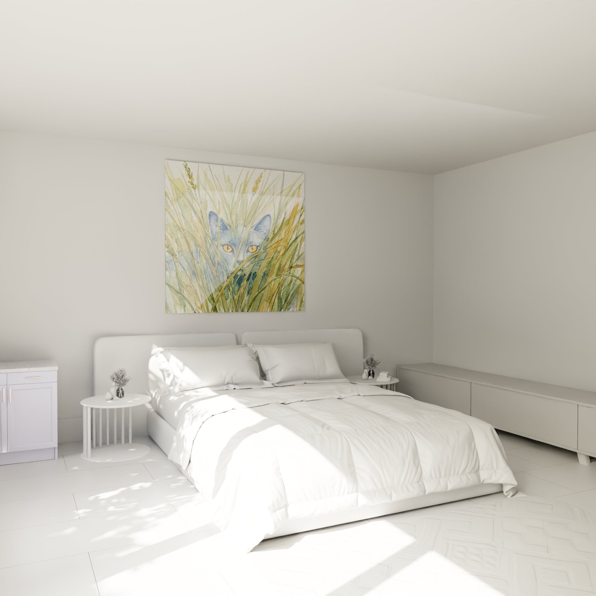 Décoration chambre avec tableau chat Chartreux aquarelle dans herbes, ambiance naturelle apaisante