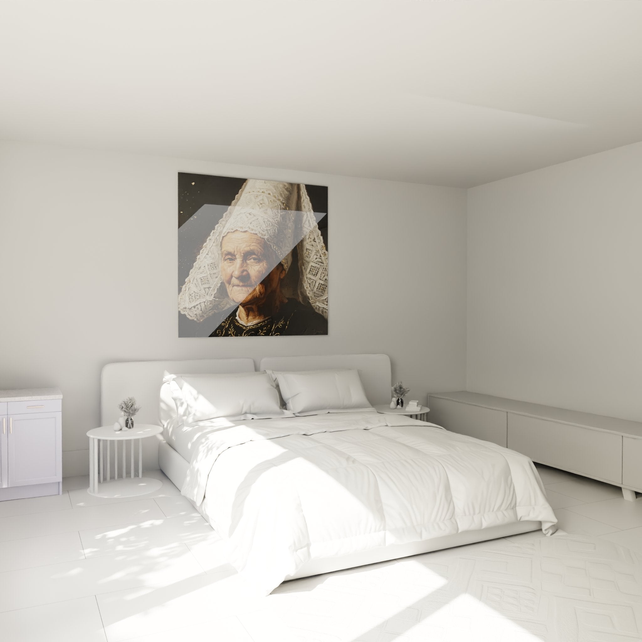 Breton woman portrait painting with white headdress elegantly decorating a bedroom in warm neutral tones