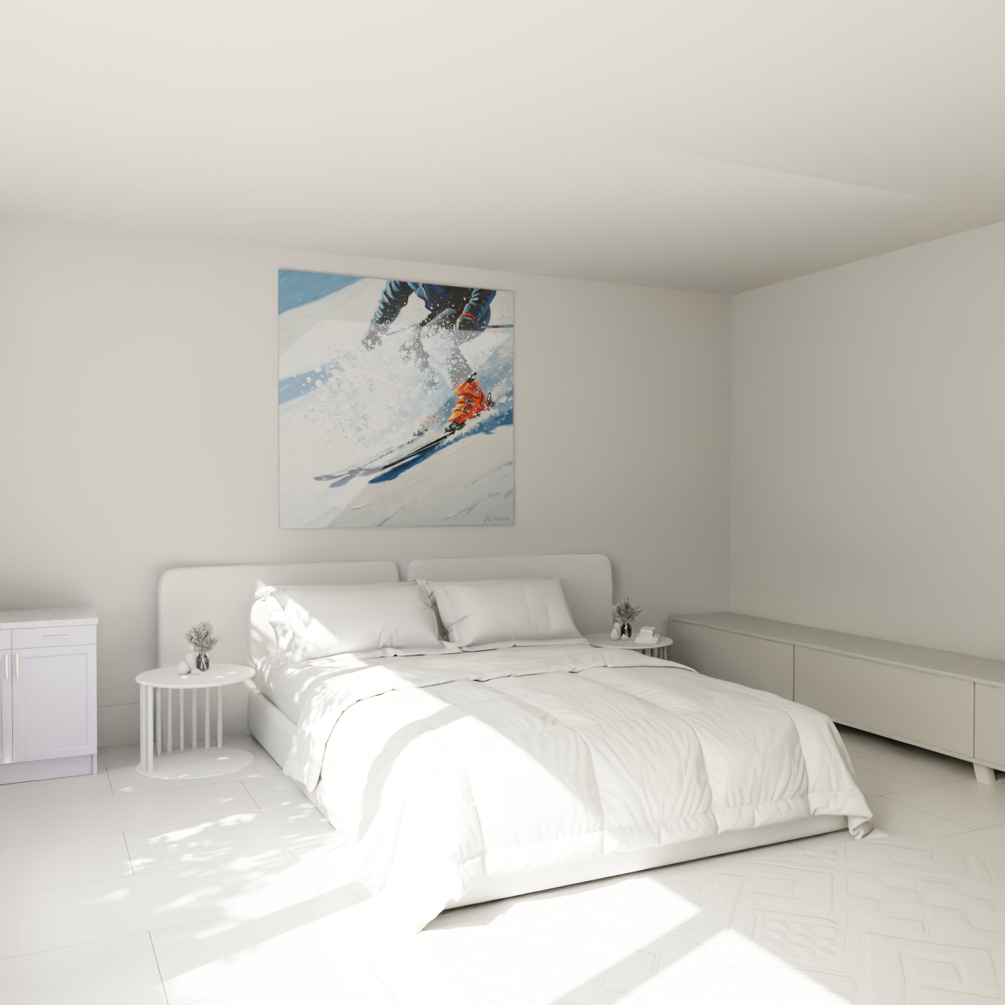 Tableau skieur powder affiché dans une chambre moderne, décoration murale sport hiver