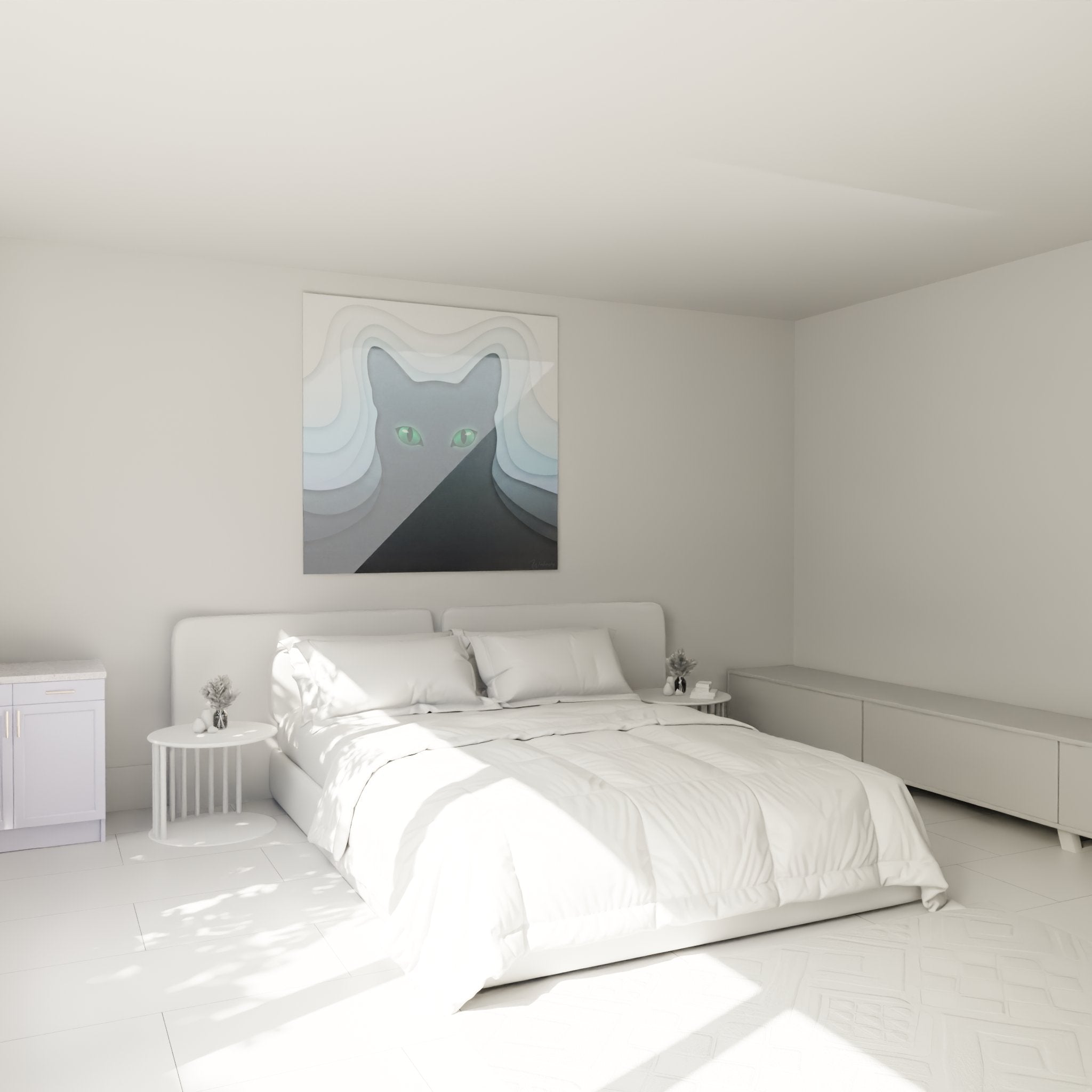 Decoration murale chambre avec tableau chat Russian Blue yeux verts style artistique moderne minimaliste