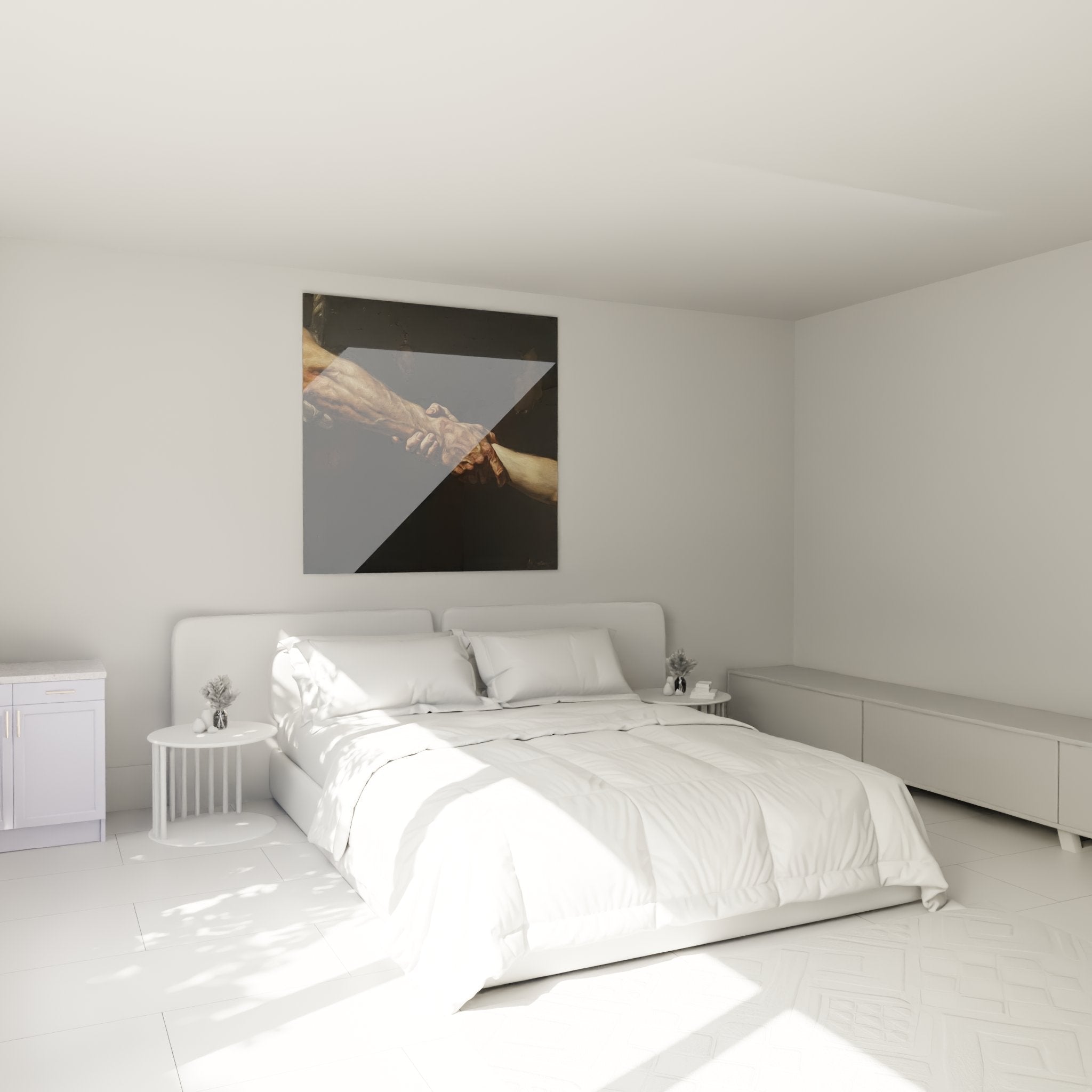 Wall decoration with interlaced hands artwork in a modern bedroom with neutral tones