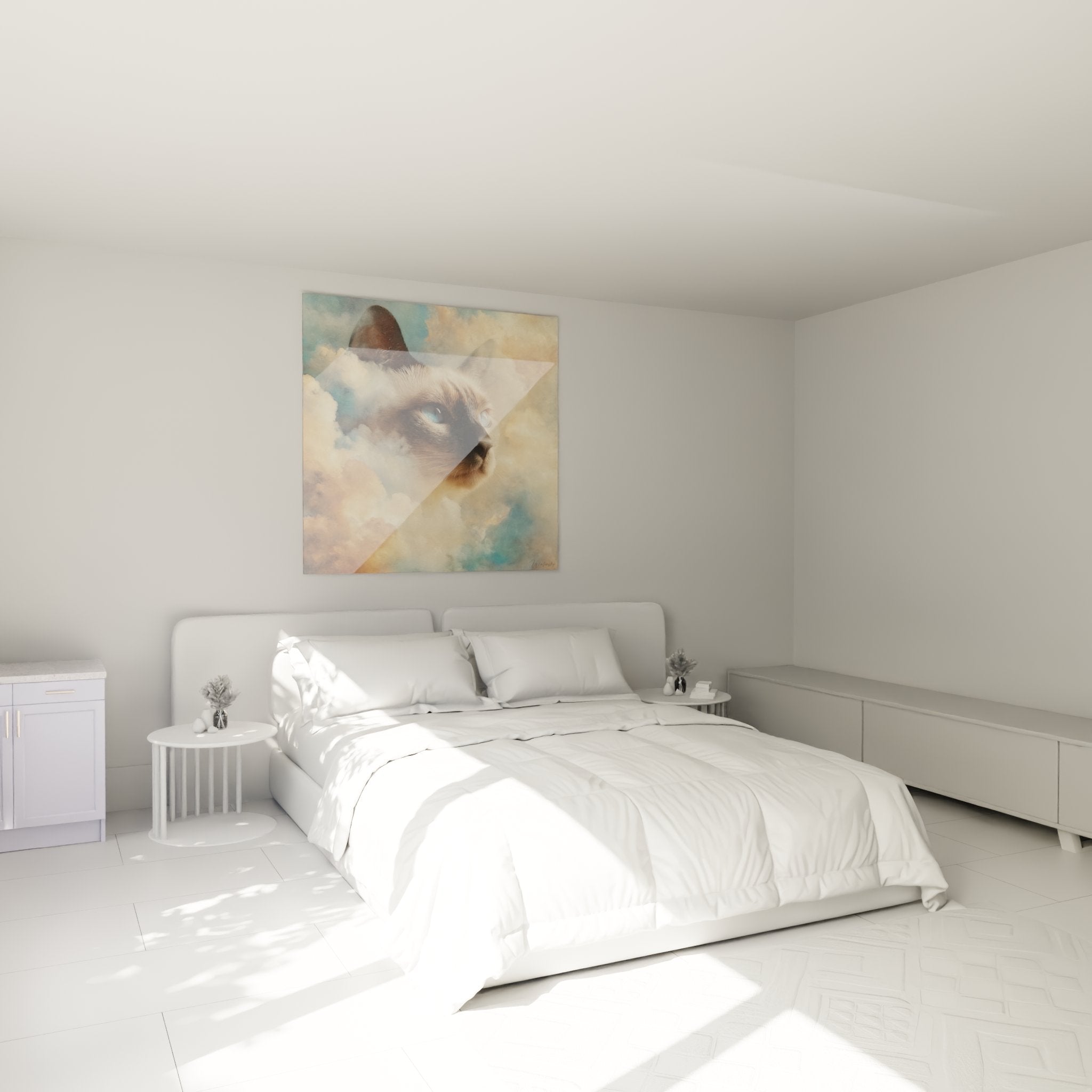 Decoration chambre avec tableau chat Tonkinese celeste dans les nuages, ambiance poetique et apaisante