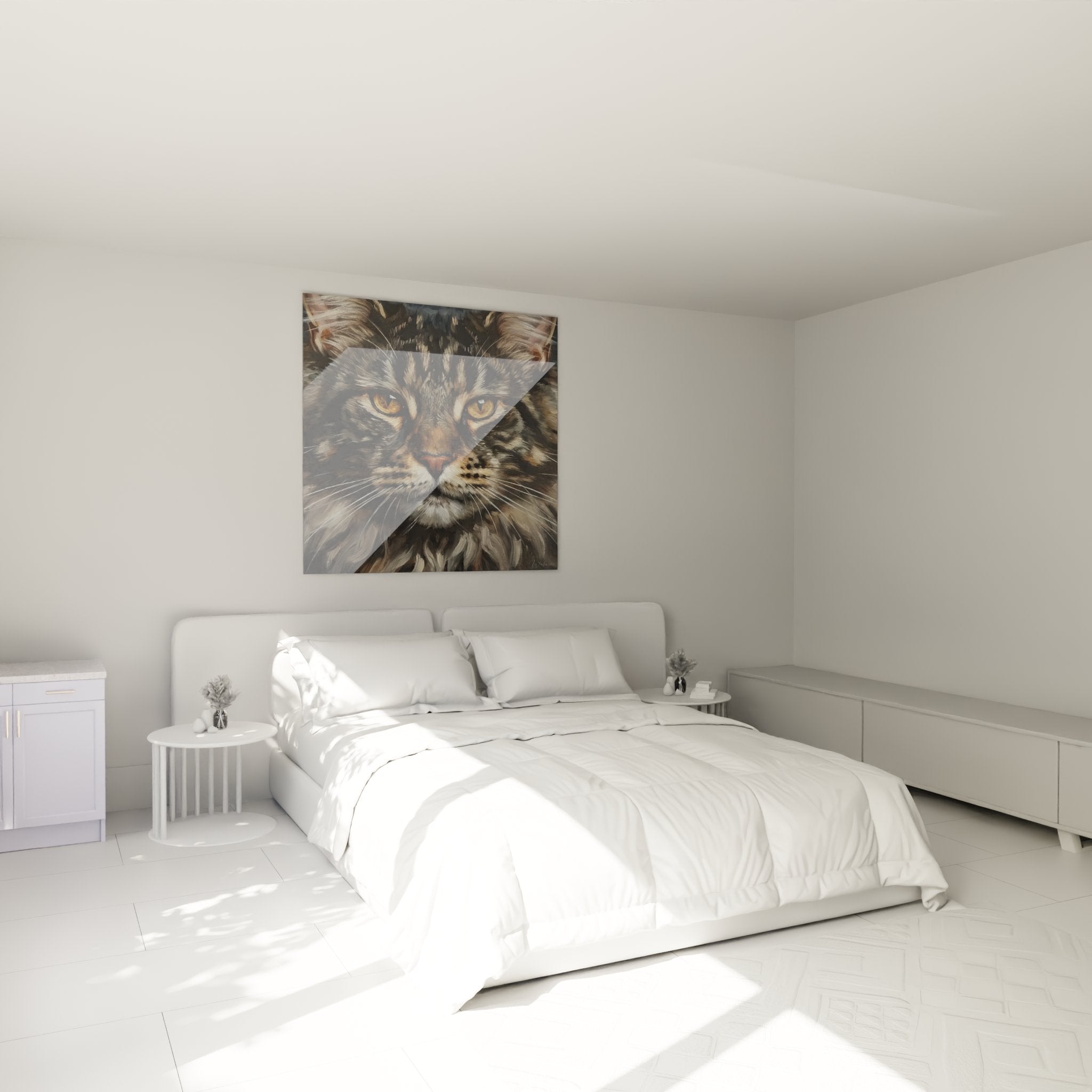 Maine Coon cat painting with golden eyes in modern bedroom, realistic feline portrait as elegant wall decoration