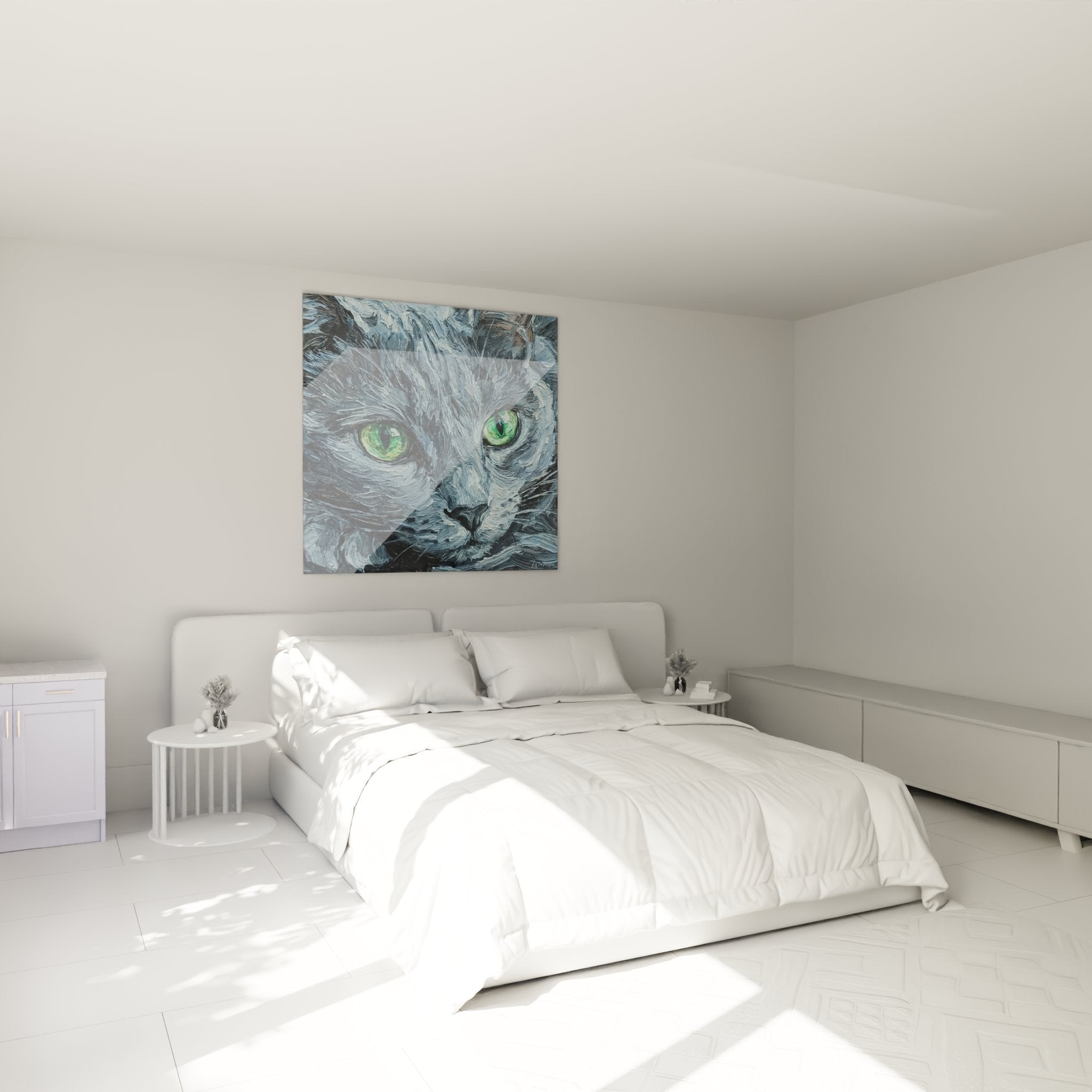 Tableau chat yeux verts dans chambre moderne decoration murale art animalier Russian Blue