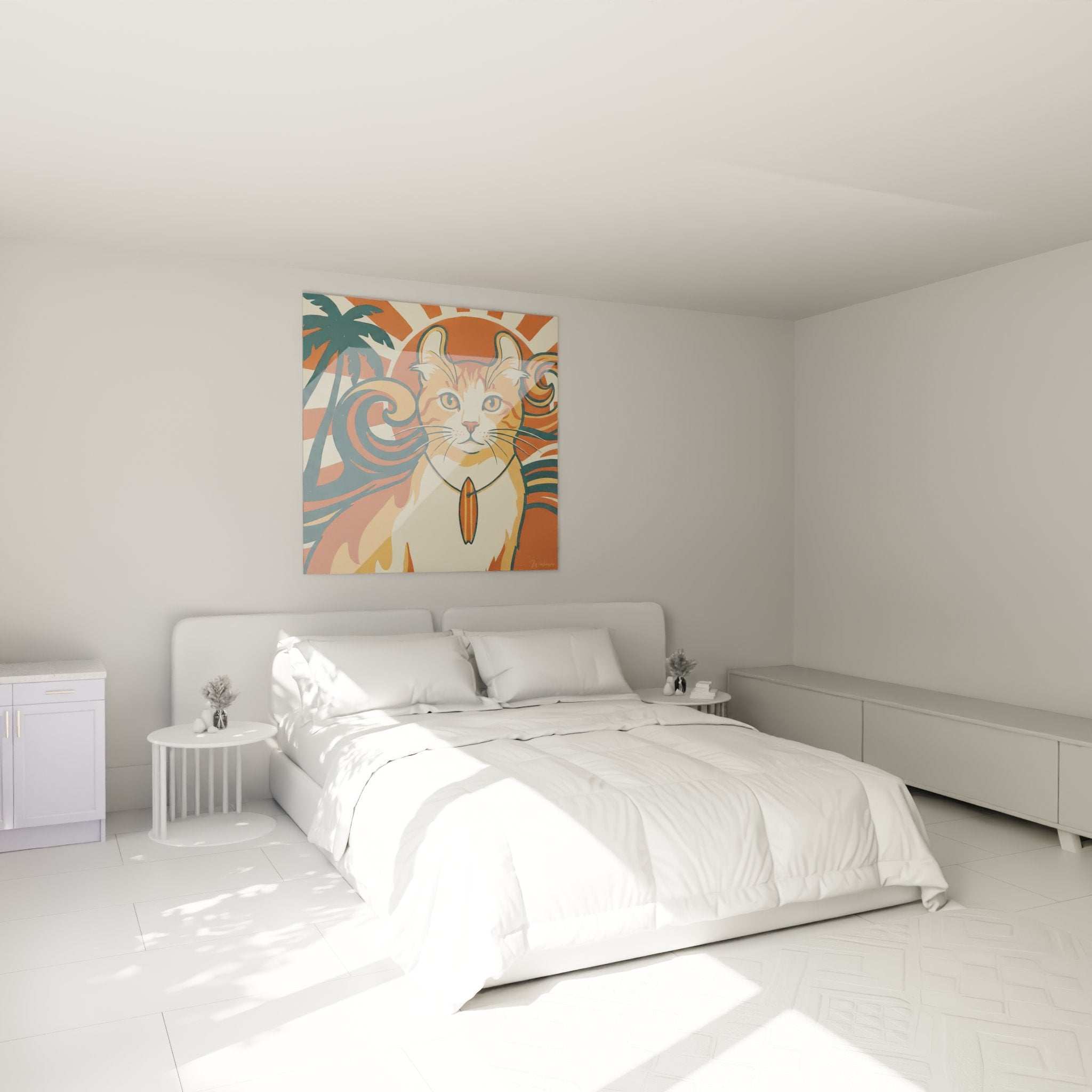 Tableau chat American Curl surfeur vintage dans chambre moderne décoration murale tropicale
