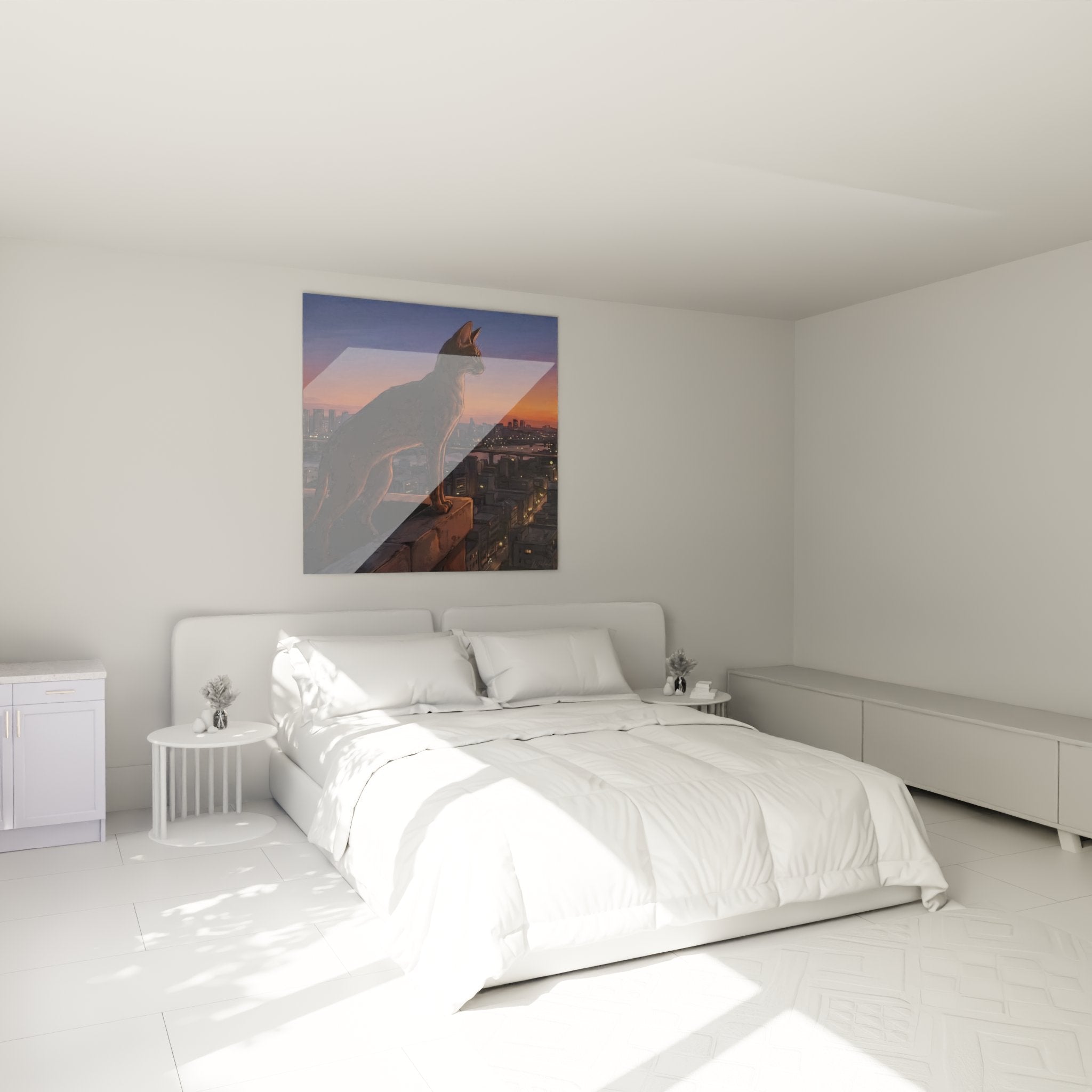 Decoration chambre avec tableau chat Chausie urbain, ambiance moderne et sophistiquee pour interieur contemporain