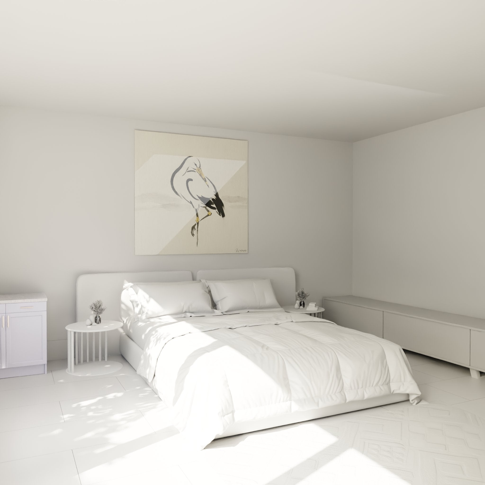 Bedroom decoration with minimalist stork painting, zen and modern ambiance, sophisticated wall art