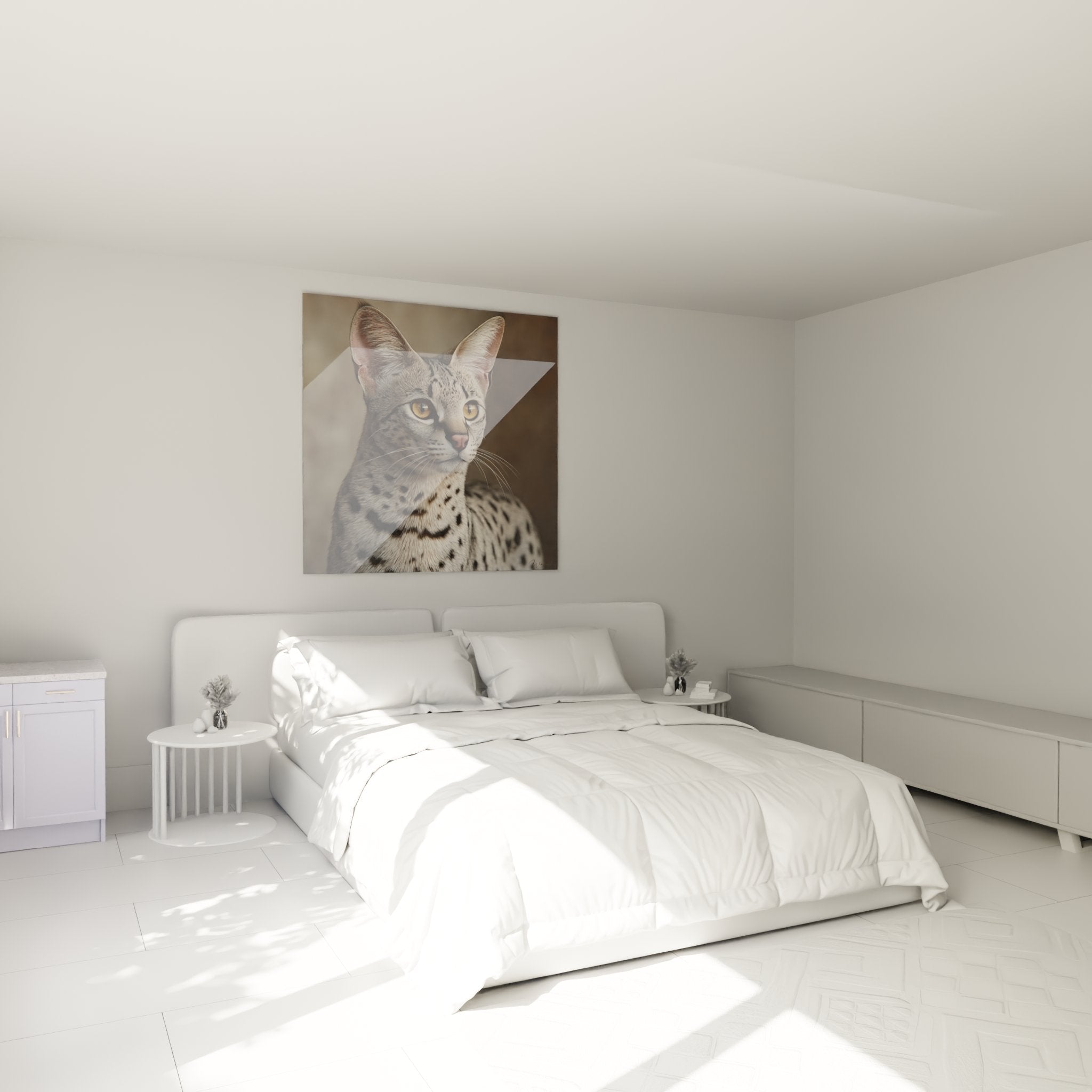 Tableau portrait chat Savannah décorant élégamment une chambre moderne avec regard hypnotique doré