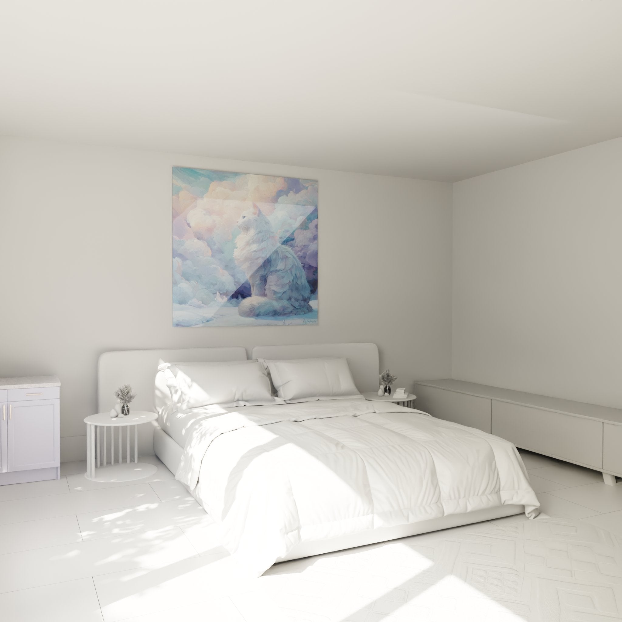 Bedroom decoration with Siberian cat painting in the clouds, soft and calming atmosphere