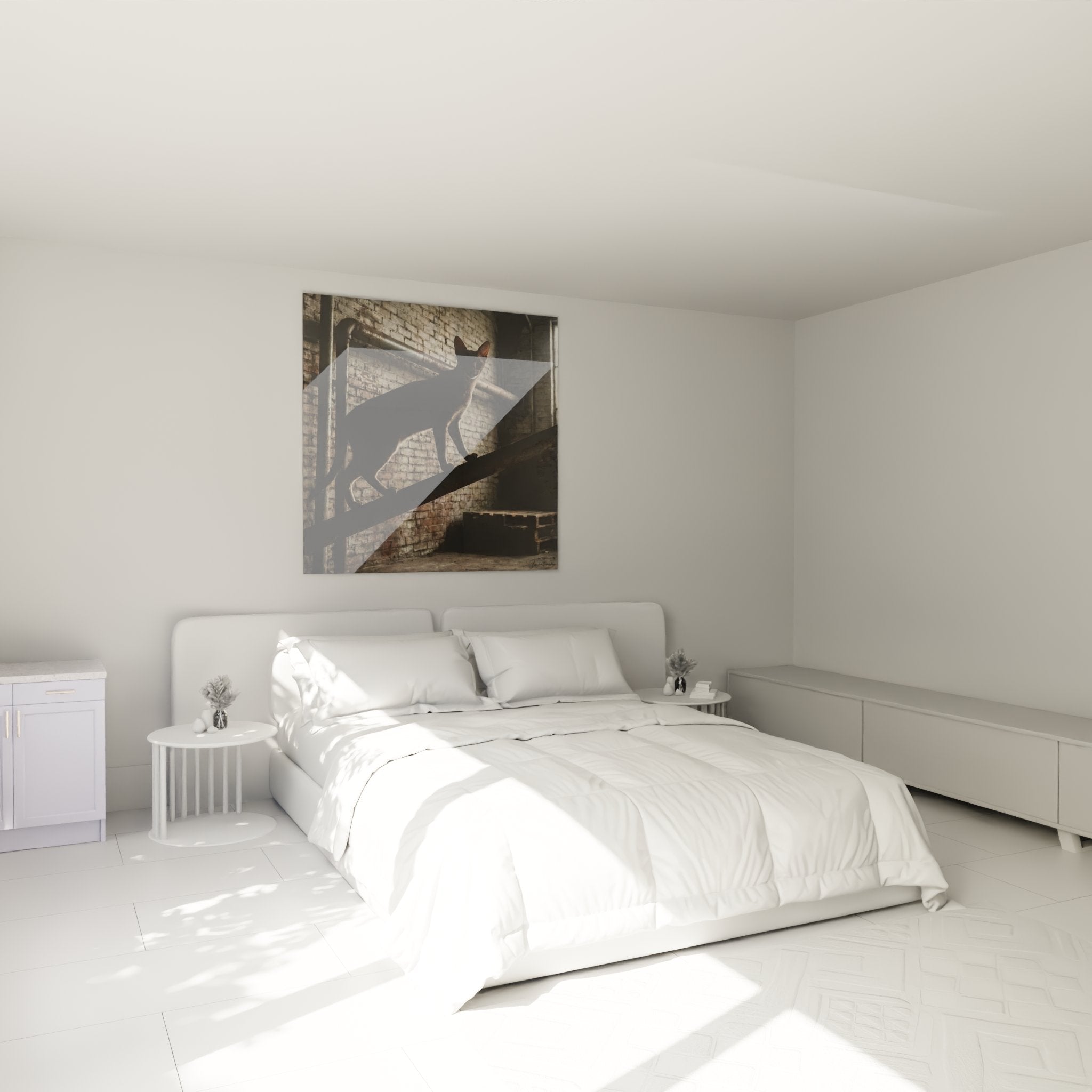 Tableau chat Chausie escalier industriel accroche dans une chambre moderne avec decoration contemporaine