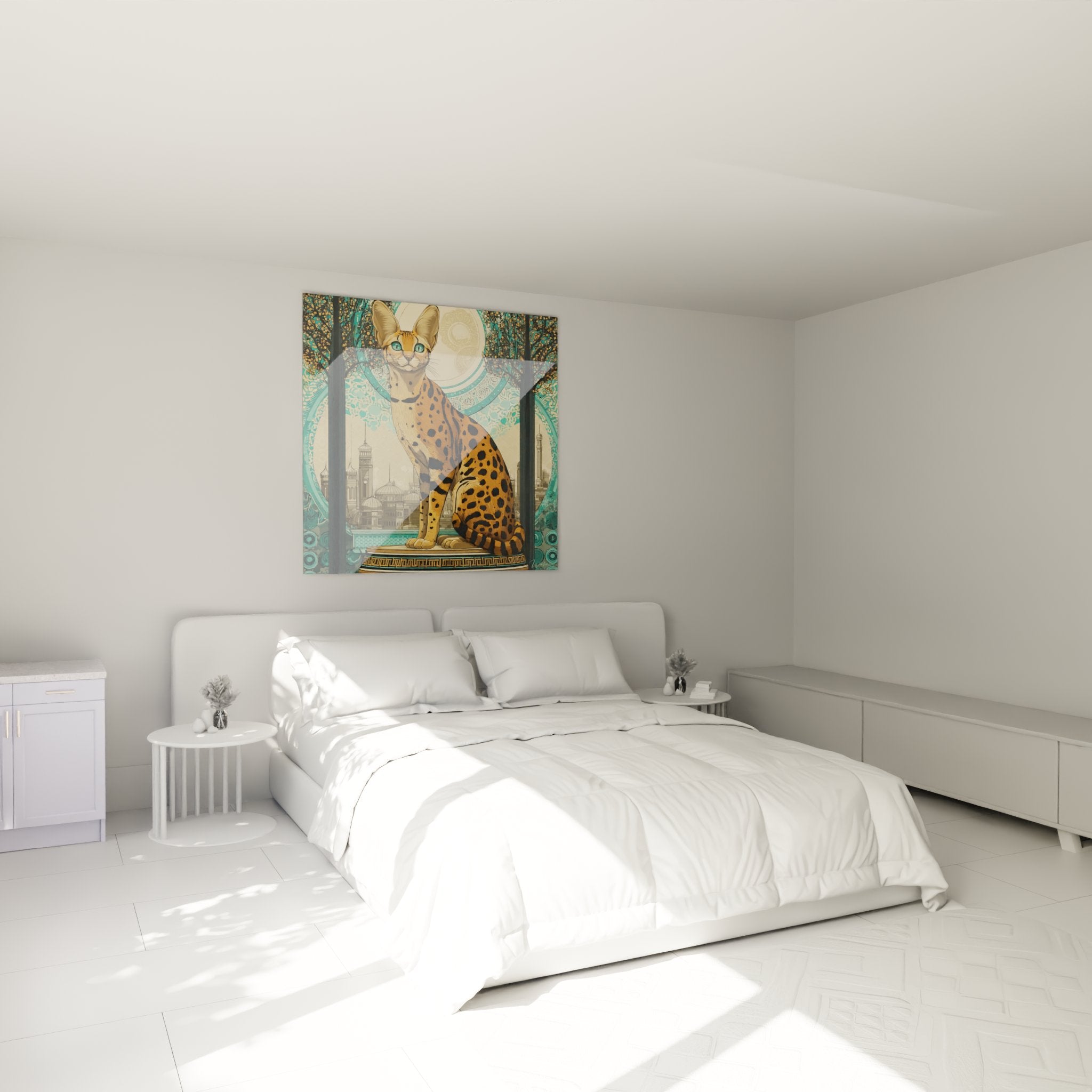Chausie cat orientalist painting hung in a modern bedroom, decorative feline wall art