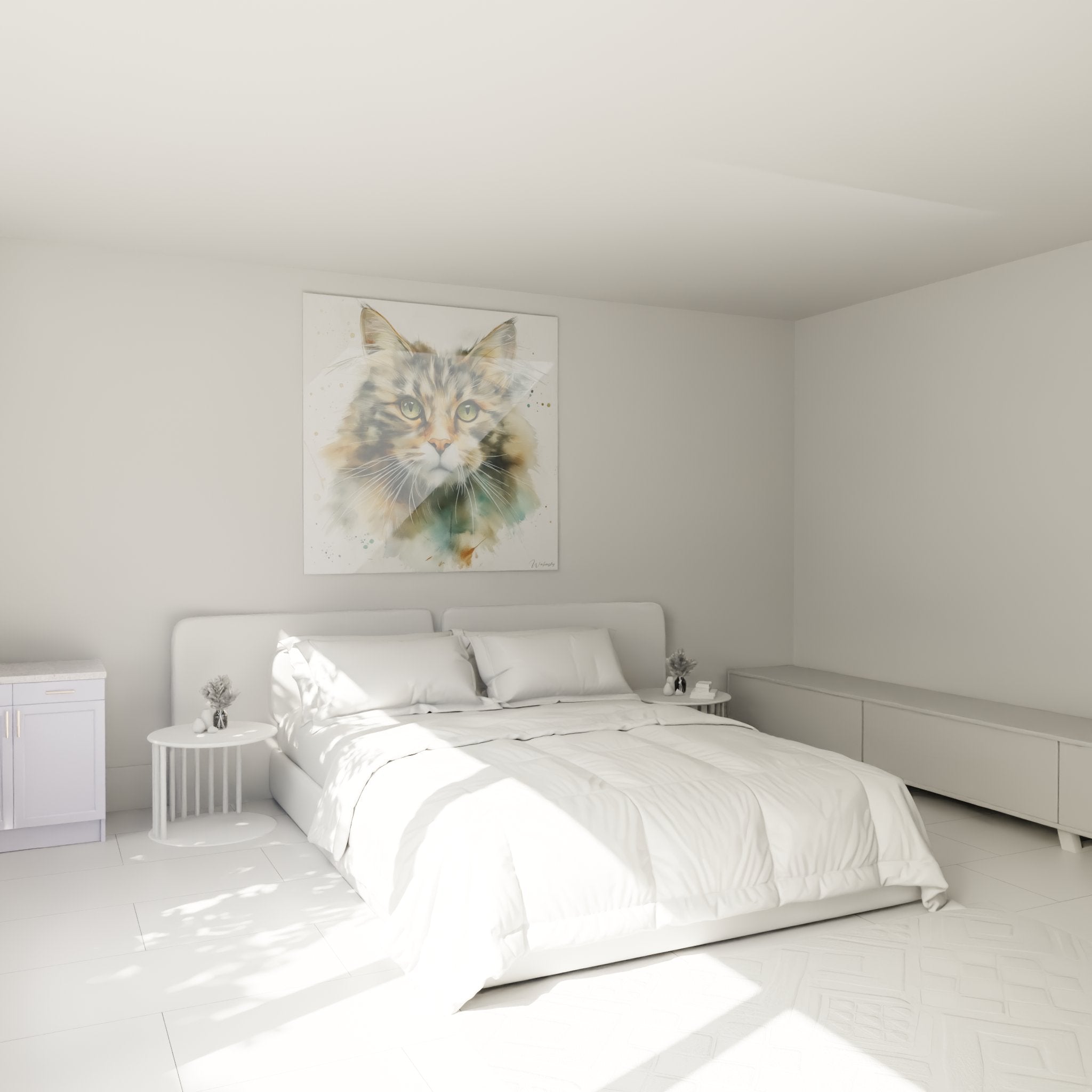 Décoration chambre avec tableau chat American Bobtail aquarelle, ambiance cosy et chaleureuse, art mural félin