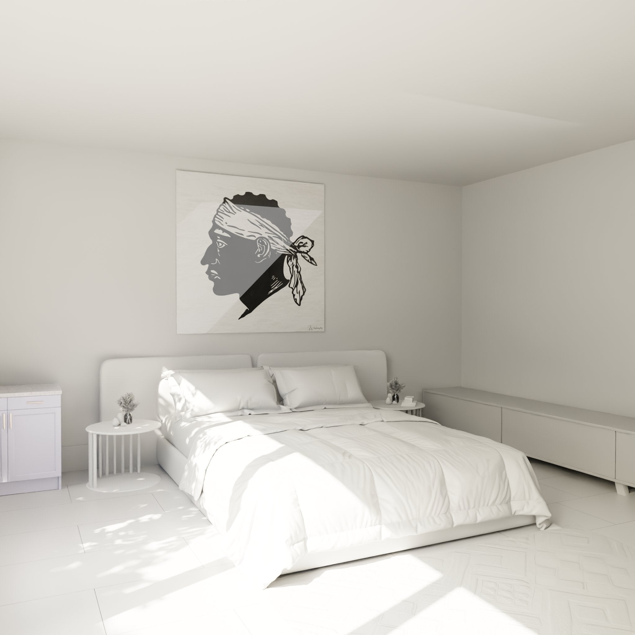 Tableau Tete de Maure corse accroche au mur d une chambre moderne avec decoration contemporaine