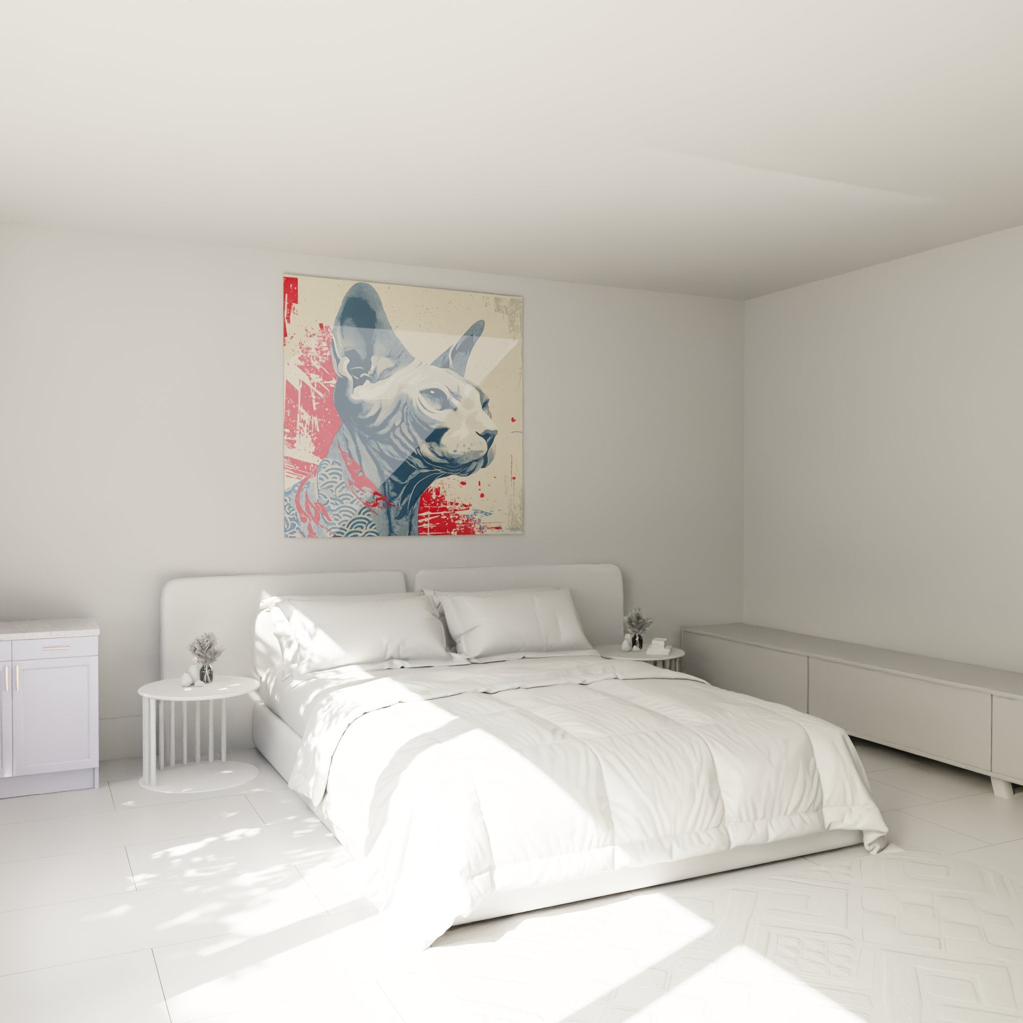 Bedroom decoration with Sphynx cat street art painting, modern and artistic atmosphere