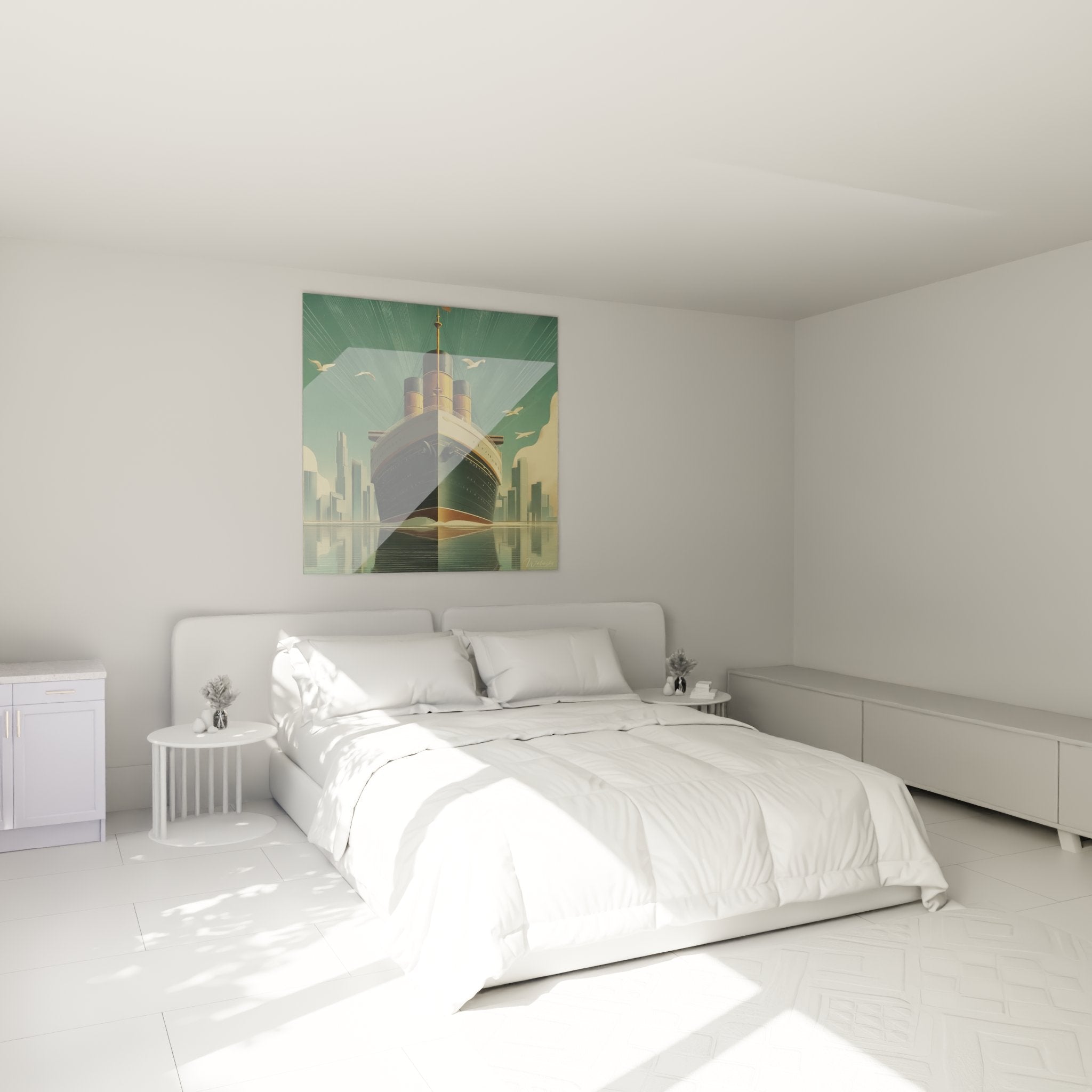 Décoration murale paquebot art déco dans une chambre moderne avec palette de couleurs jade et cuivre élégante