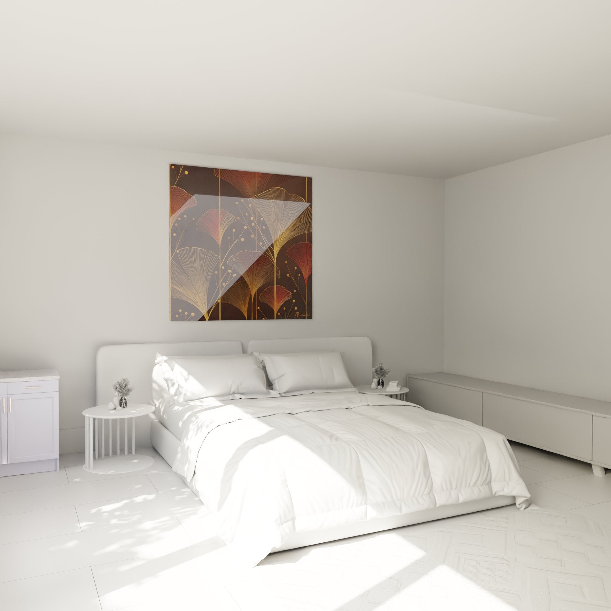 Tableau ginkgo art deco dore installe dans chambre moderne ambiance chaleureuse decoration murale