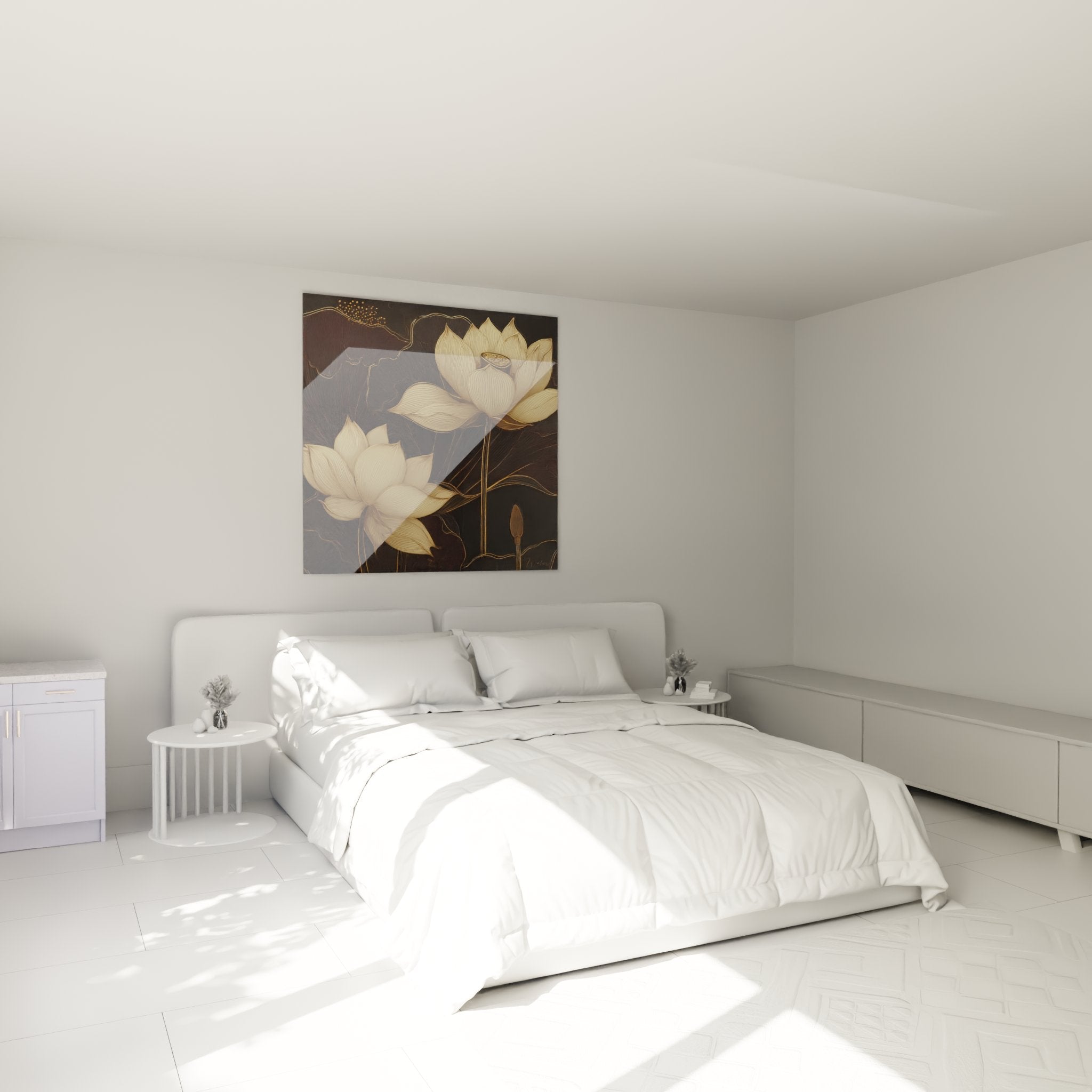Golden lotus art deco wall art installed in a modern bedroom for sophisticated decor