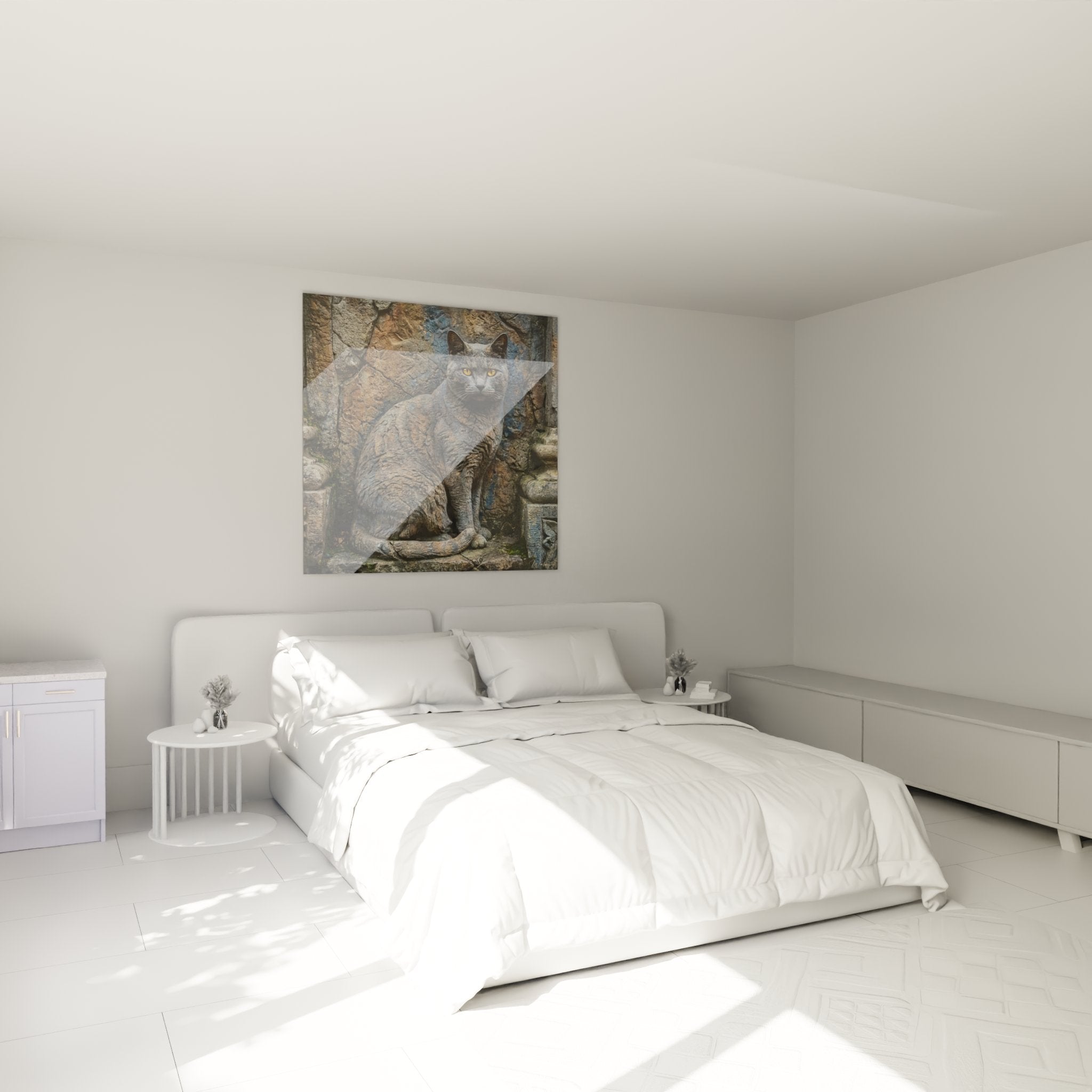 Tableau chat Chartreux pierre ancienne dans chambre moderne, decoration murale elegante et apaisante