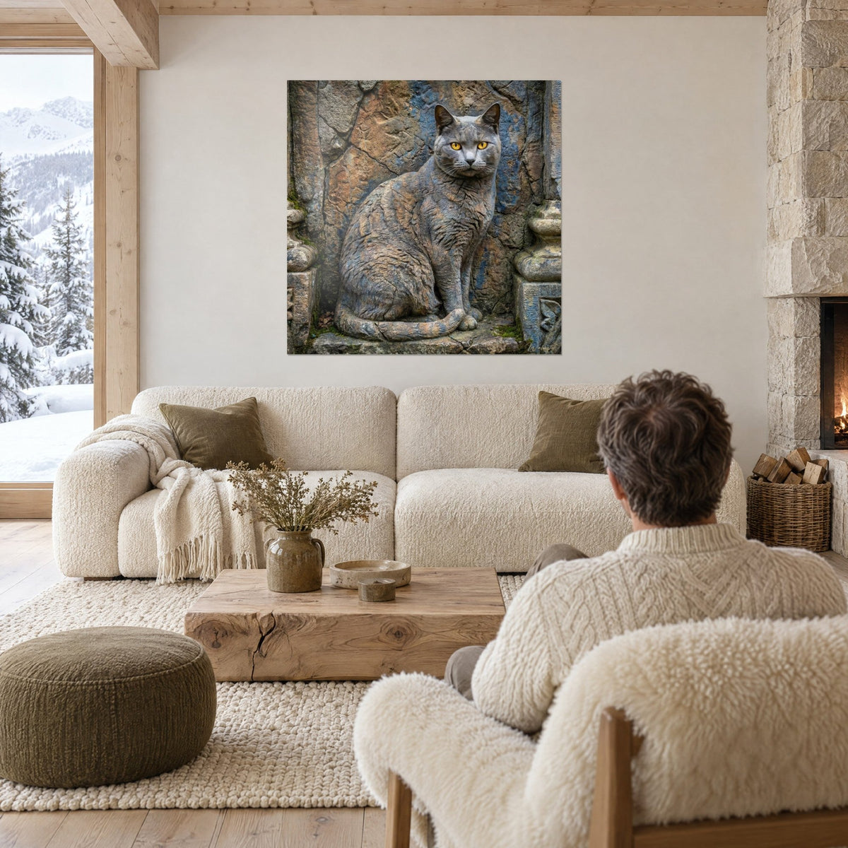 Schilderij grijsblauwe Chartreux-kat met amberkleurige ogen, zittend tegen een okerkleurige stenen muur, boven een bank in een lichte woonkamer