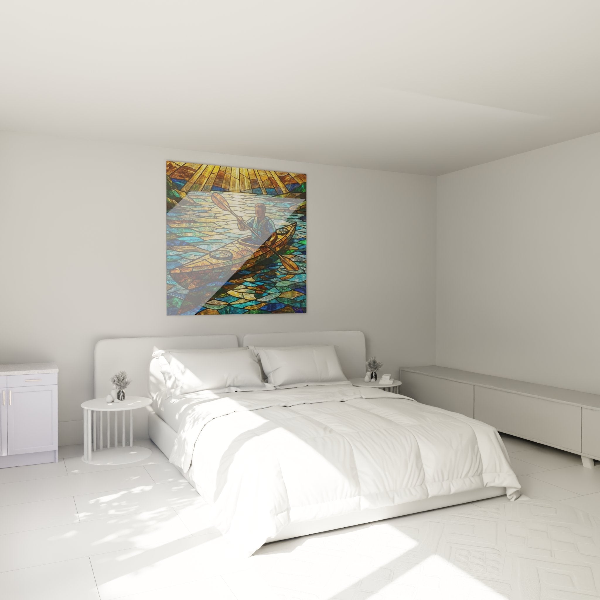 Tableau kayakeur vitrail accroche dans une chambre moderne avec decoration nautique et ambiance zen