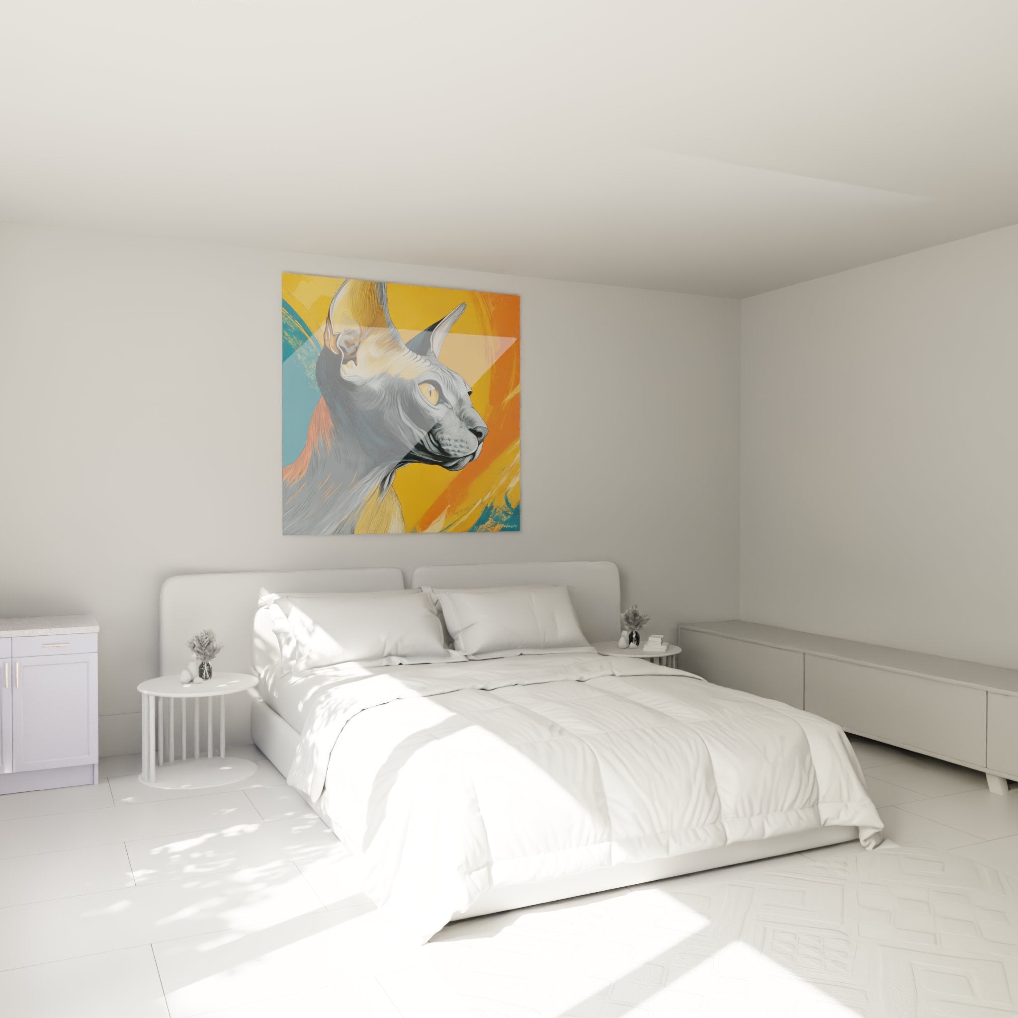 Quadro gatto Sphynx profilo sguardo dorato che decora elegantemente una camera moderna dai toni neutri