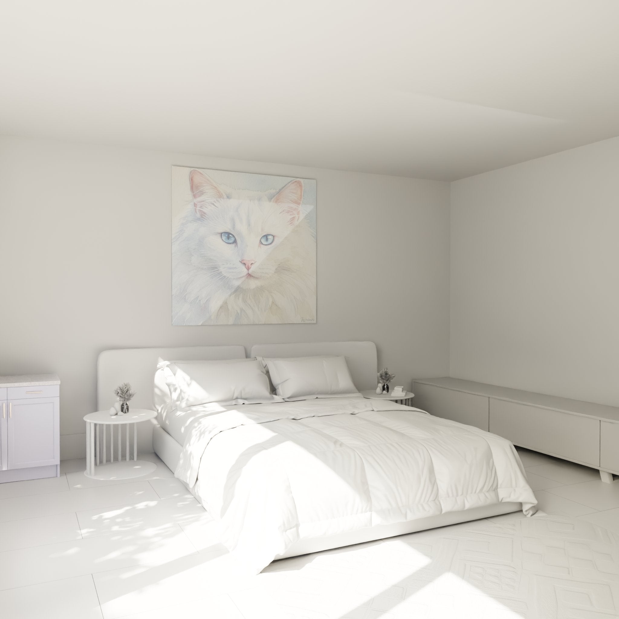 Tableau chat blanc yeux bleus Norwegian Forest Cat dans chambre moderne, décoration murale apaisante
