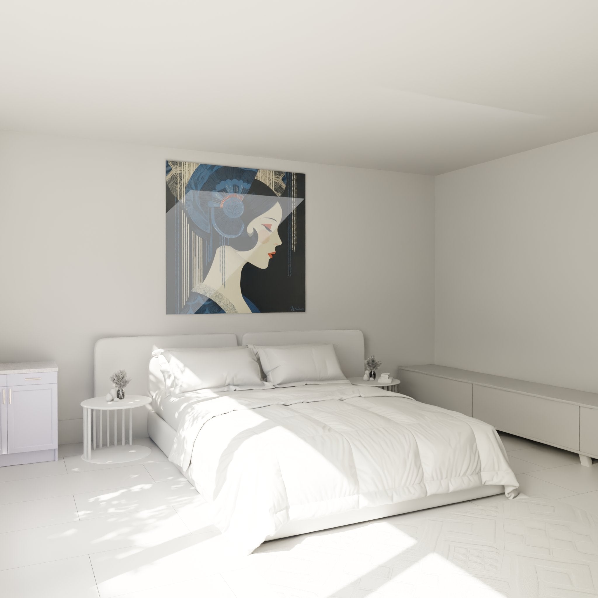 Wall decoration art deco bedroom painting woman with blue pearls sophisticated vintage atmosphere