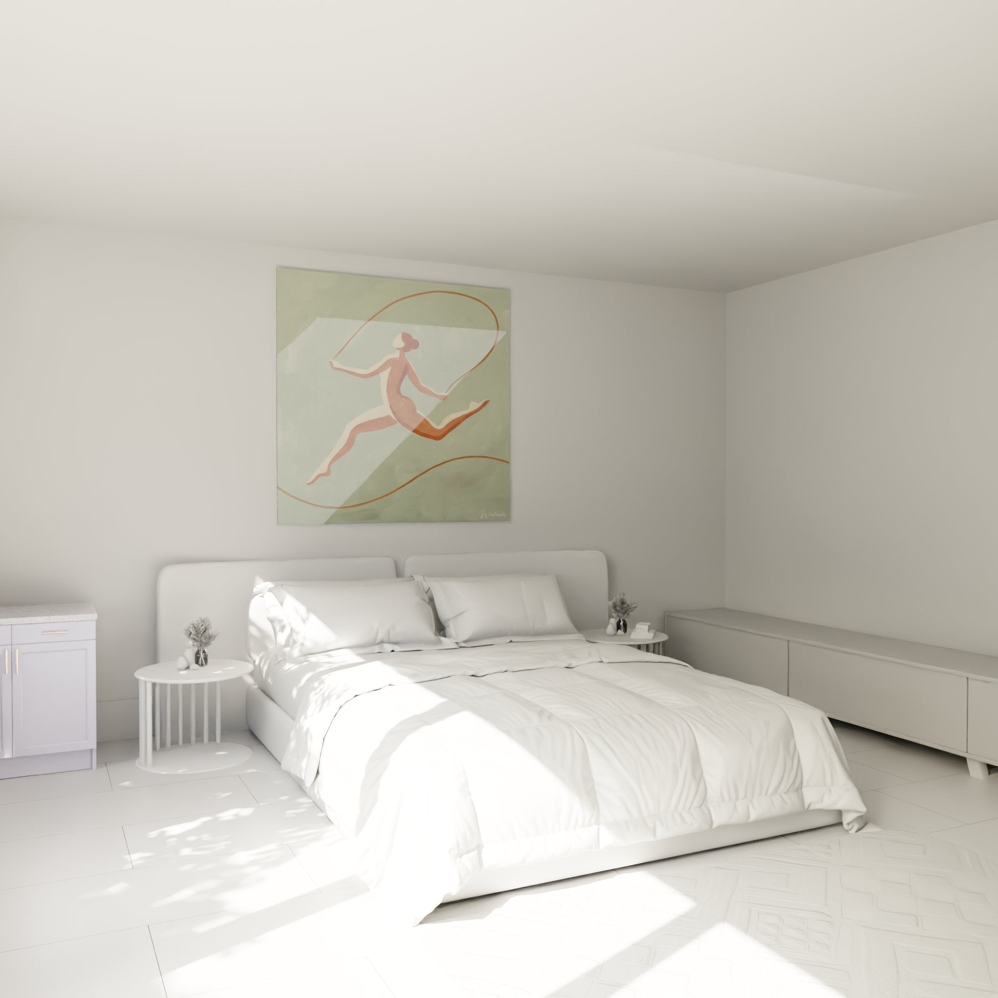 Jump rope wall decoration in modern bedroom, zen and calming athletic atmosphere