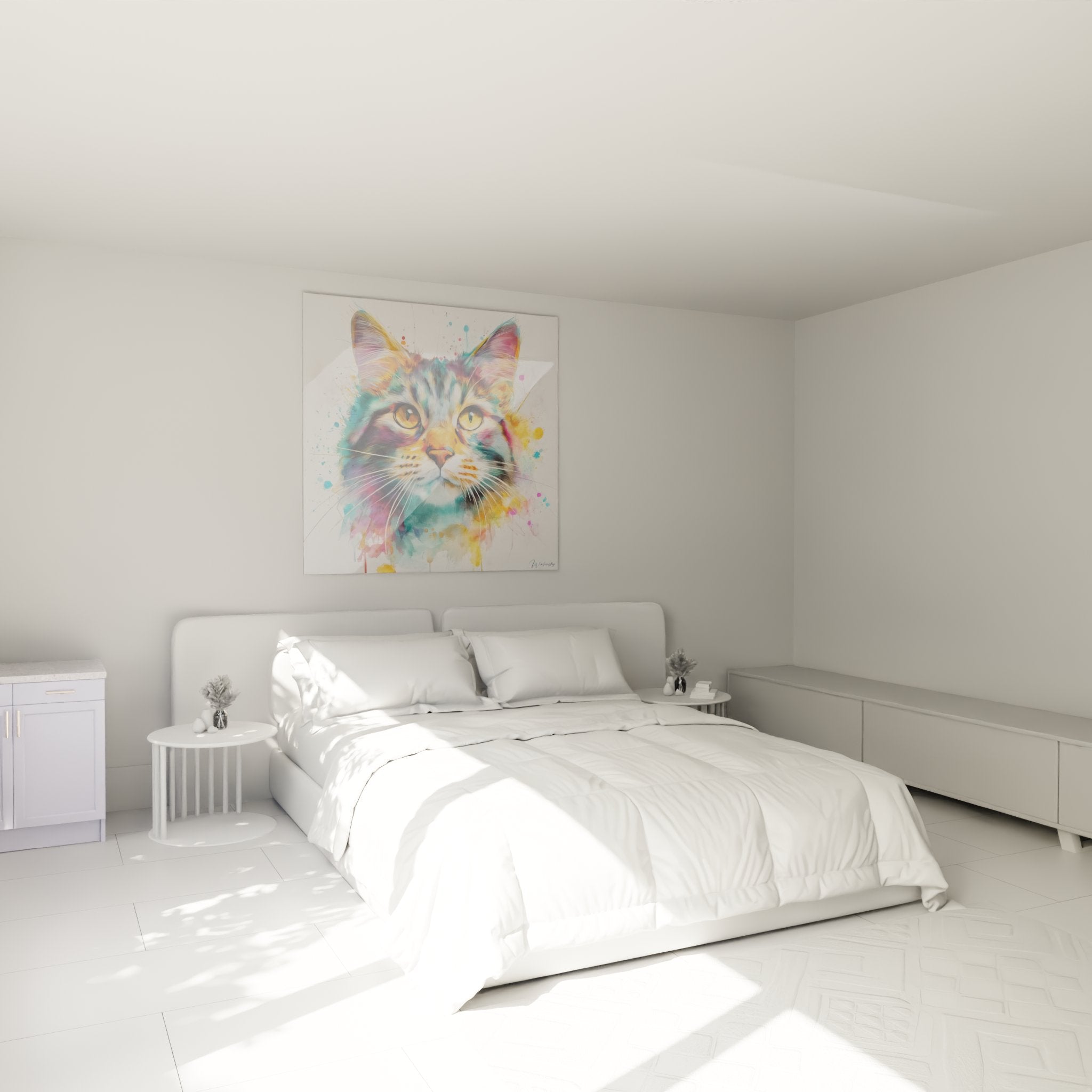 Schlafzimmerdeko mit farbenfrohem American Bobtail Katzenbild Aquarell Moderne an der Wand aufgehängt
