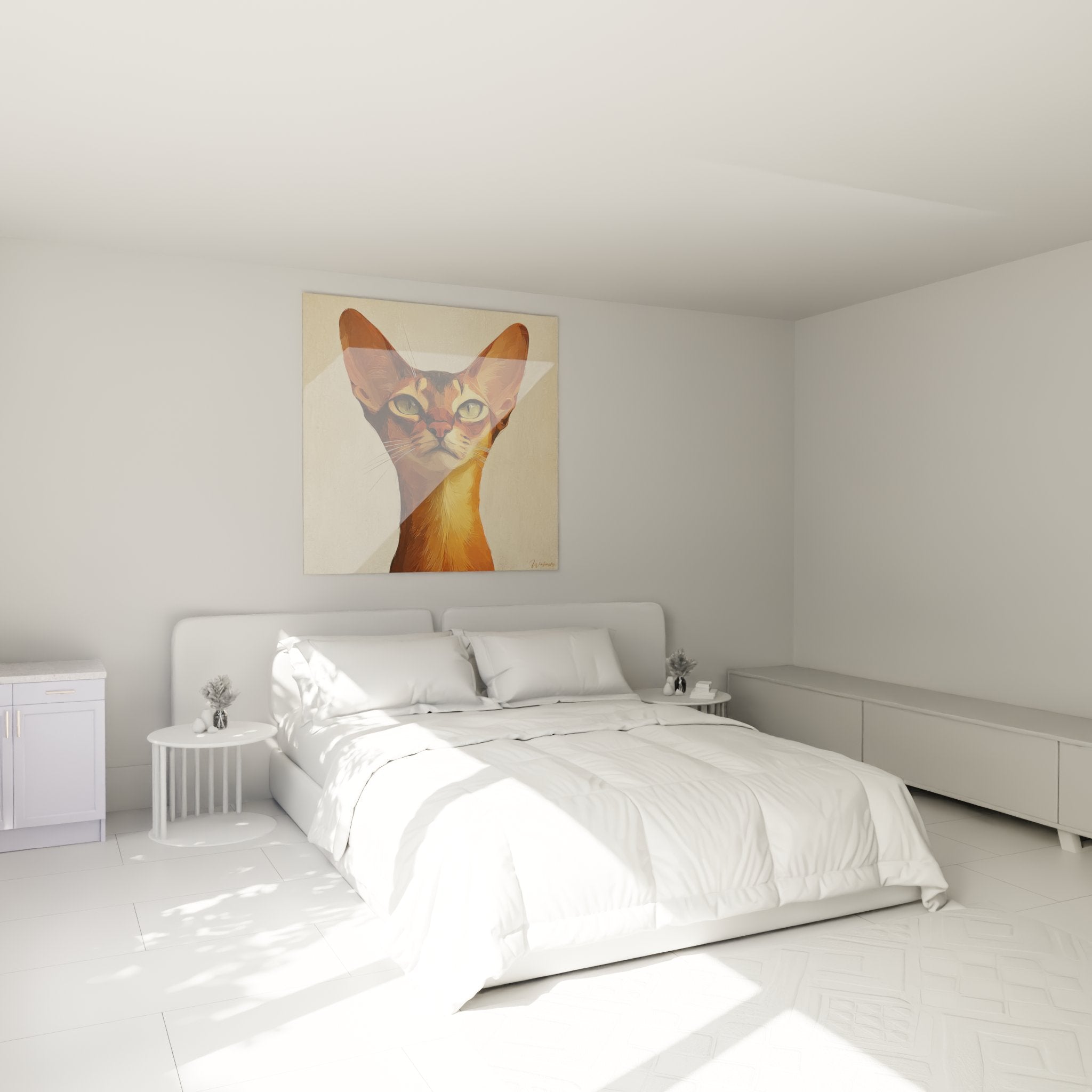 Decorazione camera da letto con quadro gatto abissino ritratto dorato appeso alla parete atmosfera calda