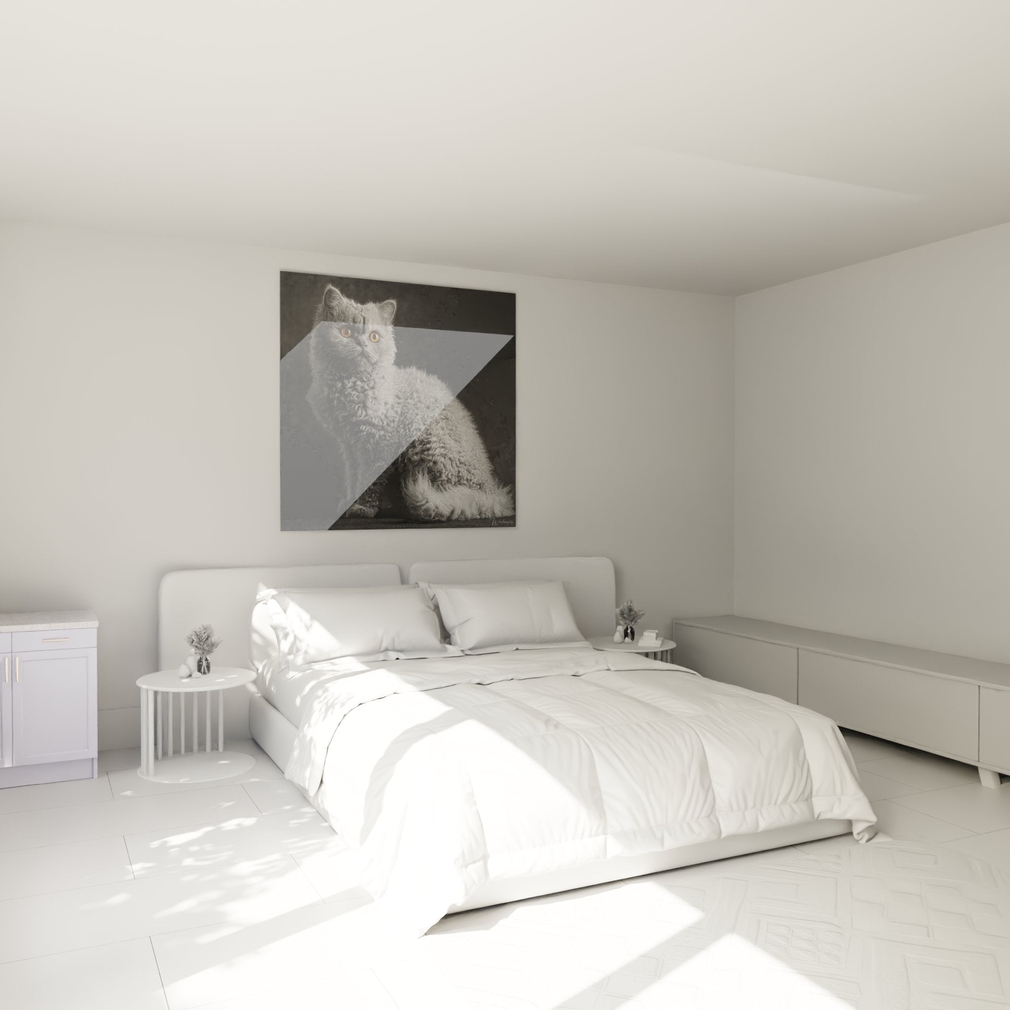 Tableau mural chat Selkirk Rex noir et blanc dans decoration chambre moderne, portrait felin artistique